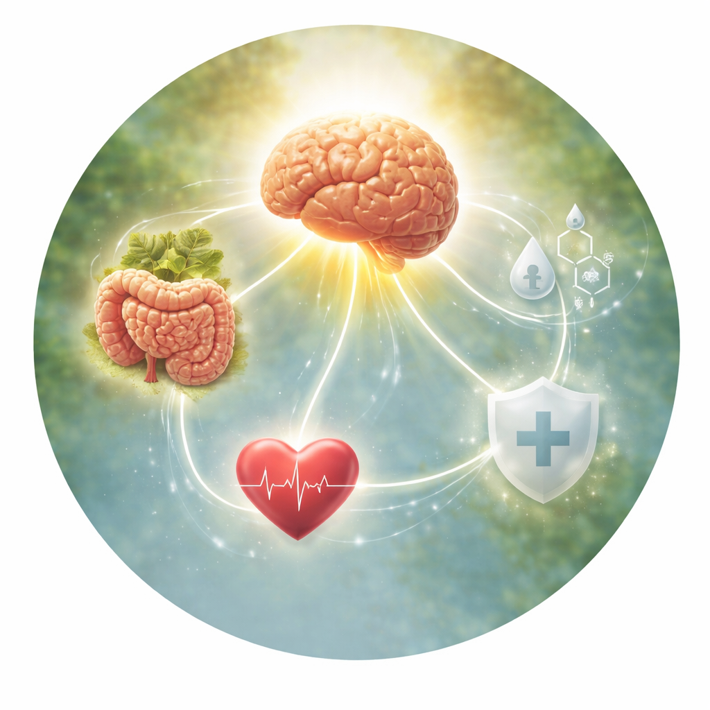 illustration of the brain connected to the gut, heart, hormones, and immune system, representing whole-body influence on brain health.