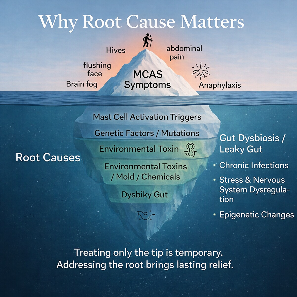 Iceberg infographic: why root cause matters for mast cell activation syndrome showing visible symptoms like hives brain fog and anaphylaxis above water and hidden root causes like gut dysbiosis, toxins, infections, stress and genetic func med