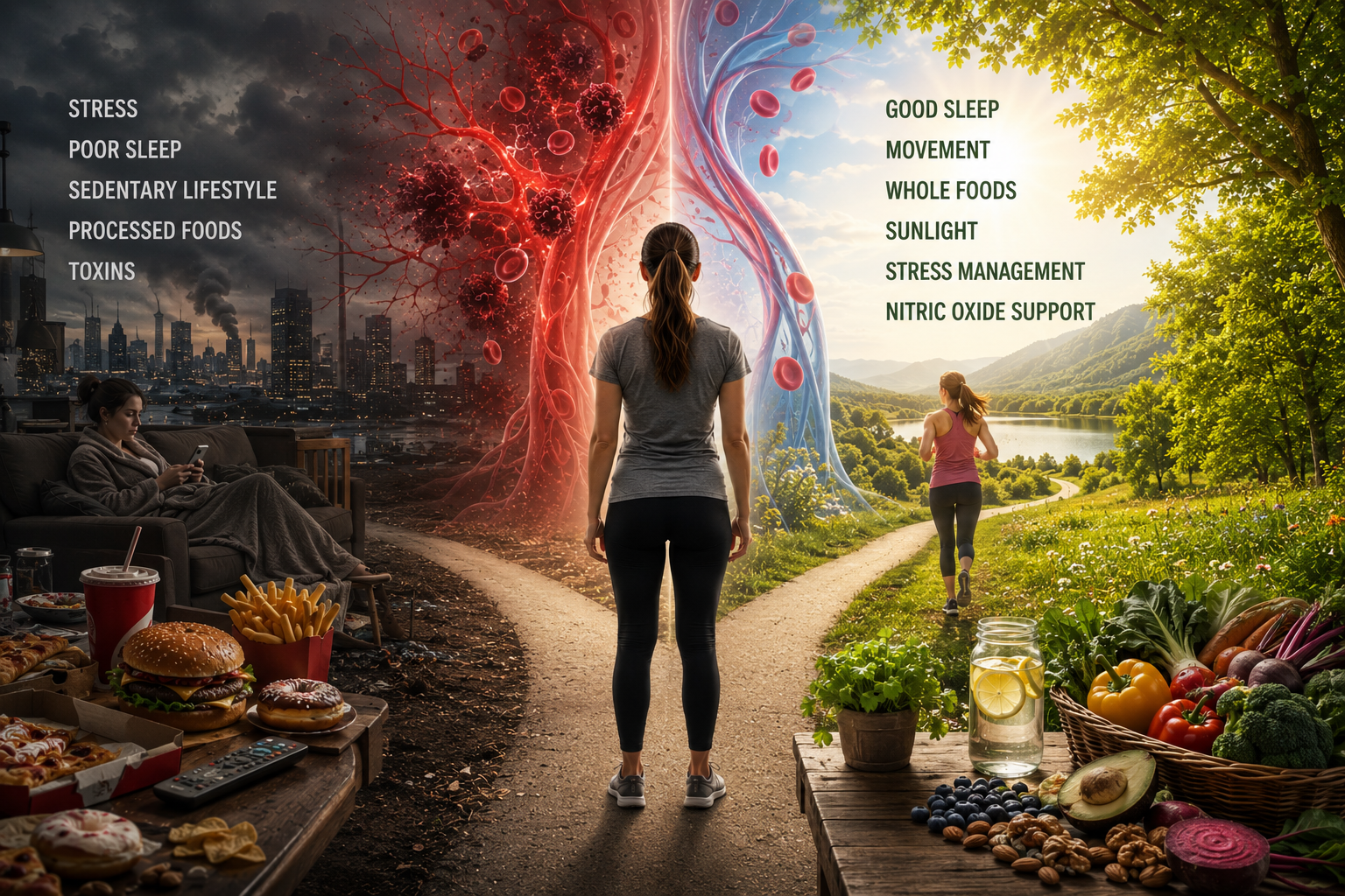 Woman standing between two contrasting lifestyle paths, showing the balance between chronic inflammation caused by processed foods, stress, and inactivity versus reduced inflammation supported by whole foods, exercise, sunlight, and healthy habits.