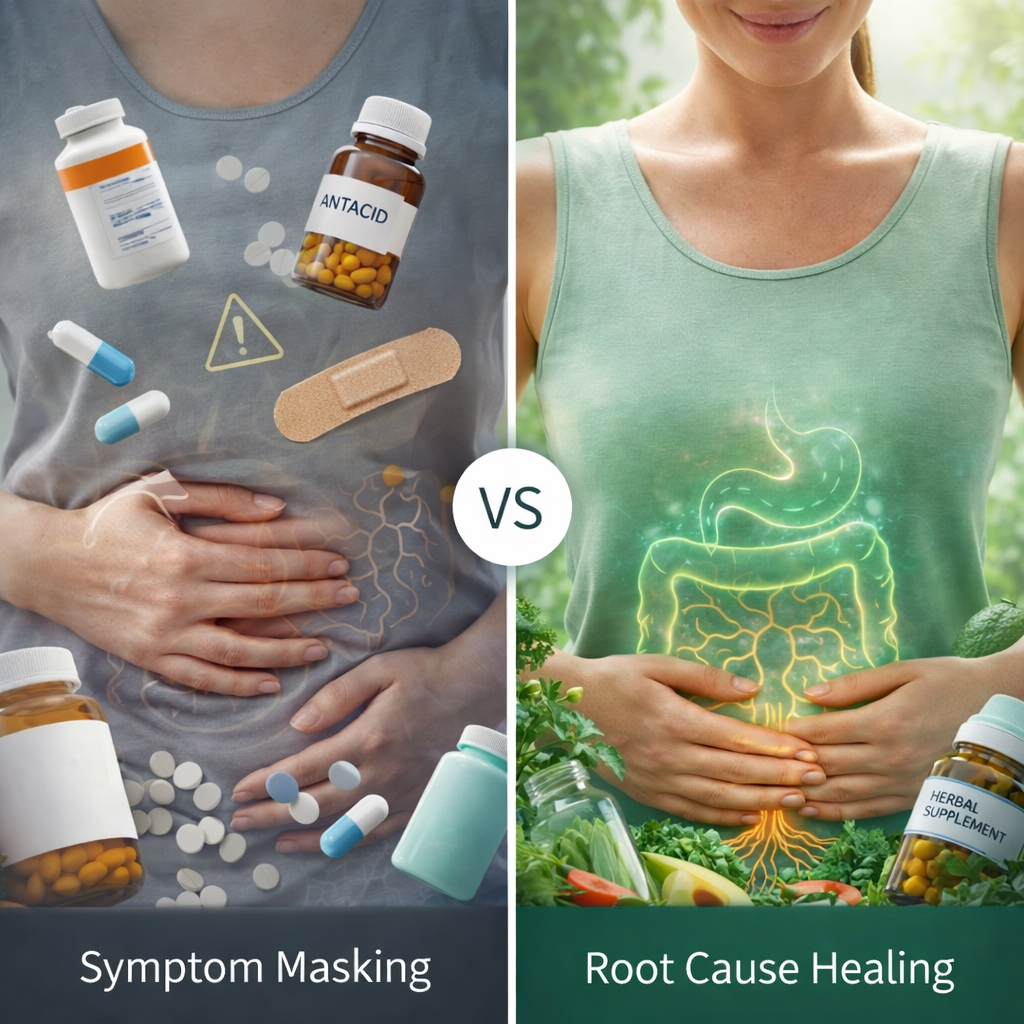 Functional medicine root cause healing vs symptom masking for gut health showing medications on one side and healthy foods with improved digestion on the other Premier IFM Placentia