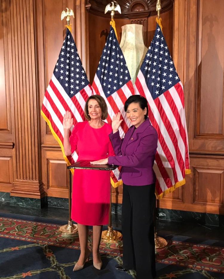 Speaker Nancy Pelosi swearing Rep. Judy Chu into Congress
