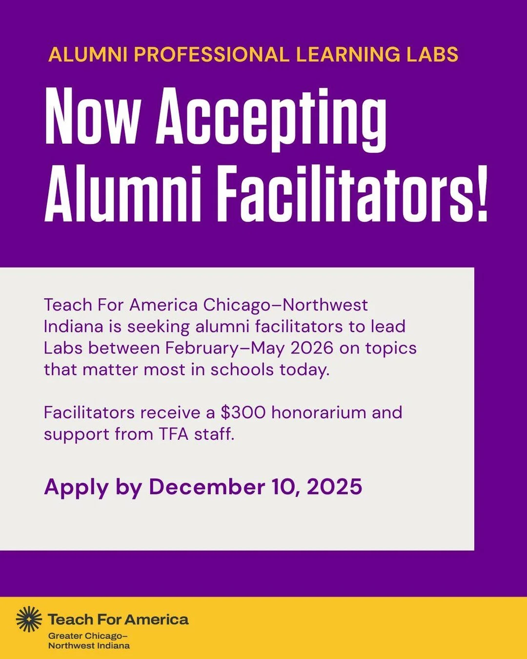 💬 Have a classroom strategy, resource, or big idea other educators could learn from?
✨ Teach For America Greater Chicago&ndash;Northwest Indiana is inviting alumni to lead a 2026 Professional Learning Lab, alumni-led sessions designed to connect, ce