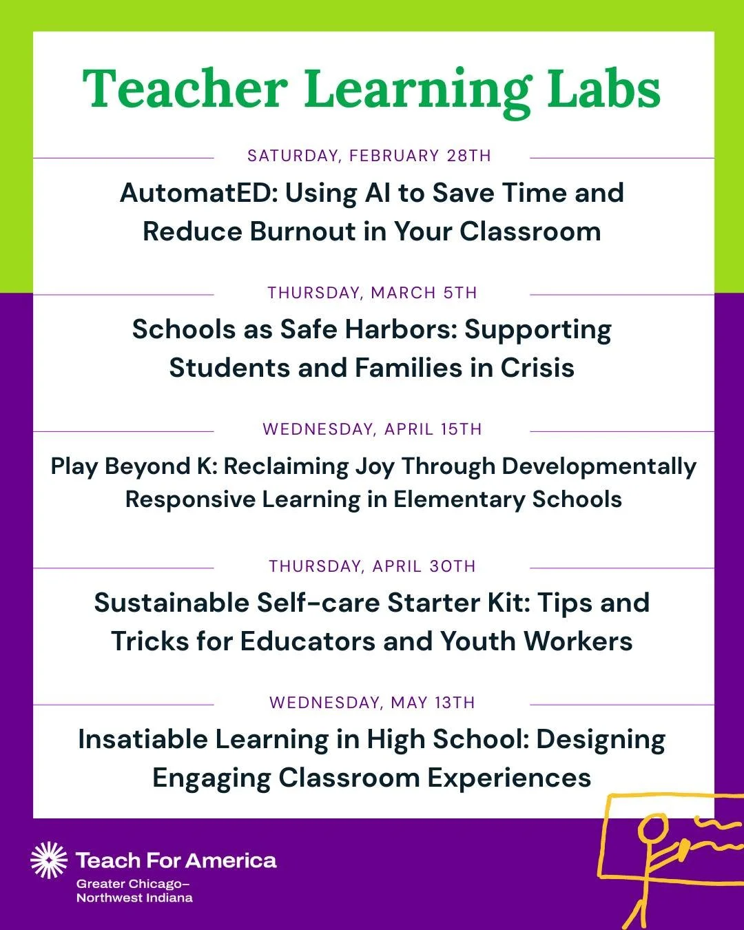 Strong teaching lives in community.

This semester, we&rsquo;re launching a Teacher Learning Lab Series&mdash;monthly, in-person evening gatherings led by experienced Teach For America alumni educators and open to both alumni and corps members.

Thes