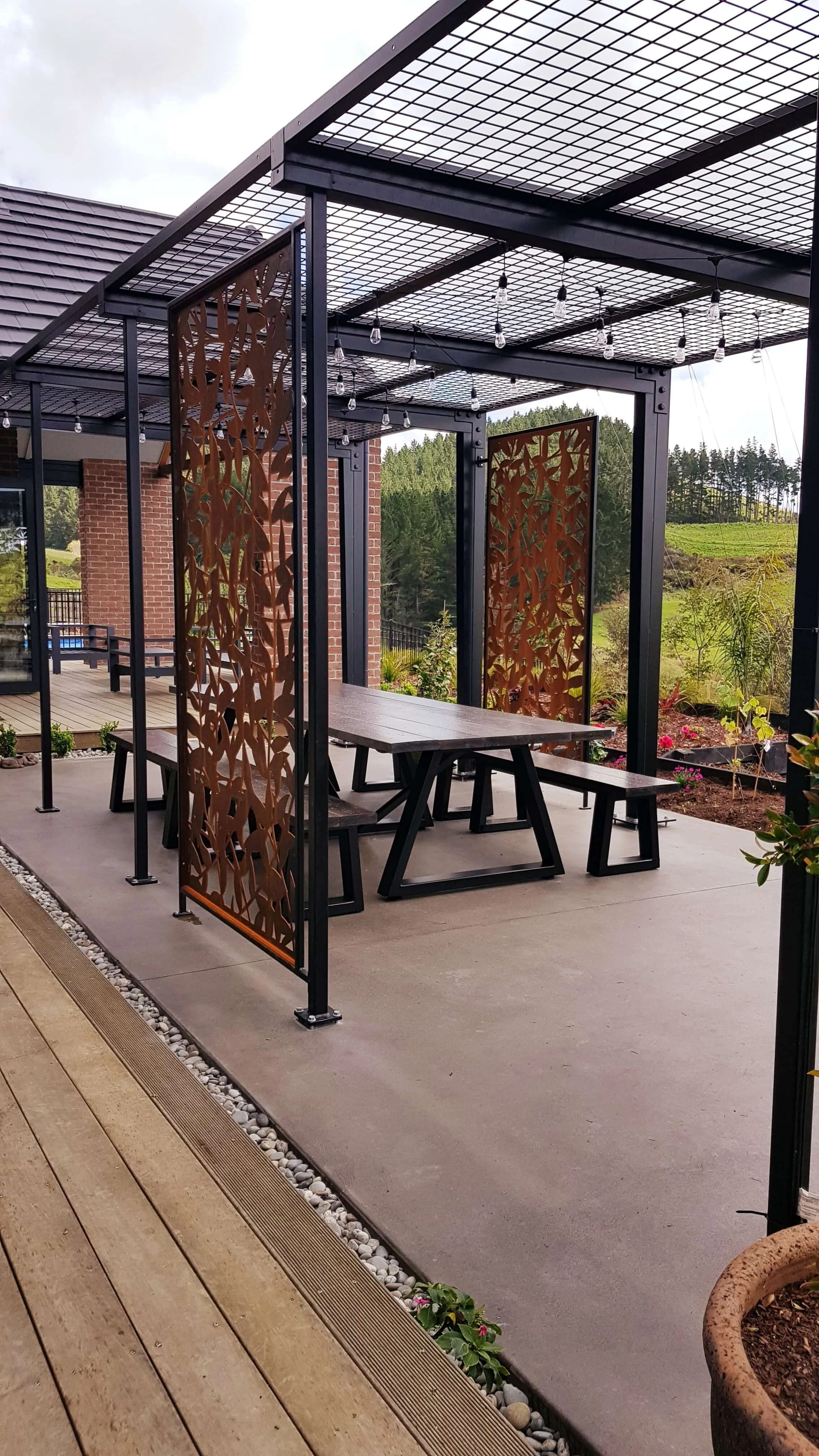 outdoor pergola and steel frames in garden area