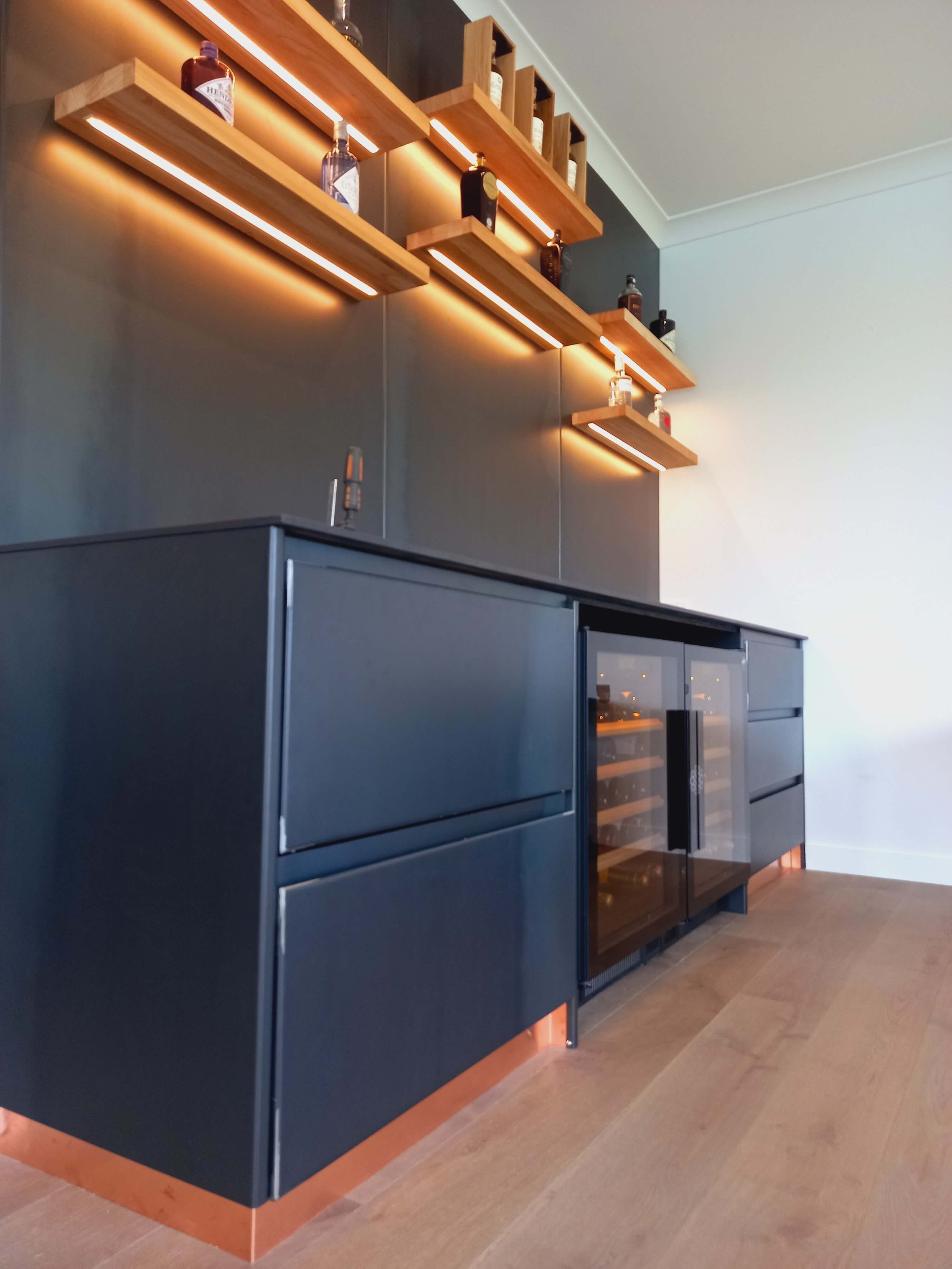 bar fitout with timber and steel shelving and cabinets - Auckland