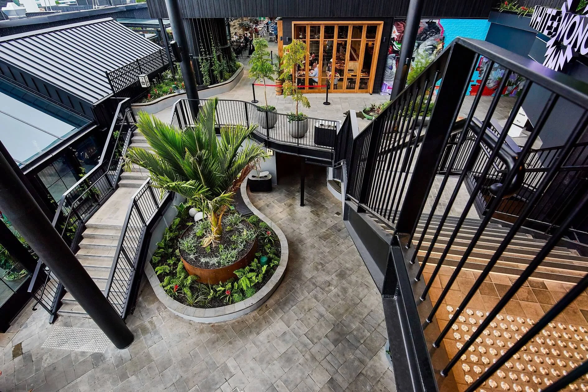 steel balustrades and handrails in a commercial shopping centre rooftop area