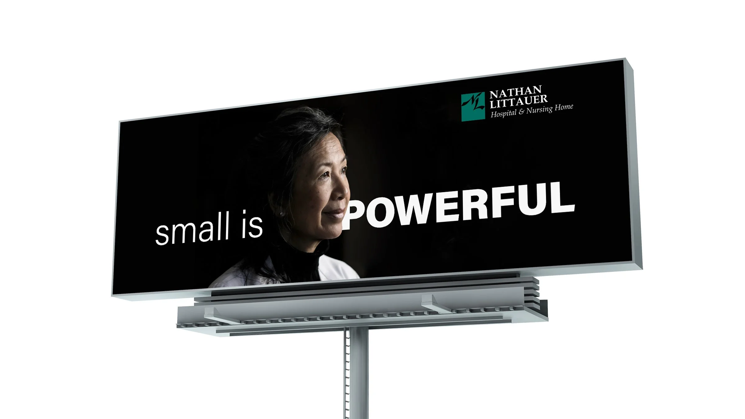 A billboard with an older Asian woman beside he headline small is powerful