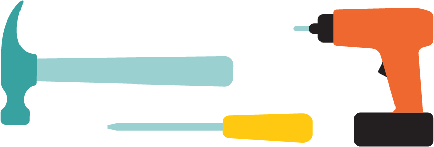 Graphic of a hammer, screwdriver, and drill