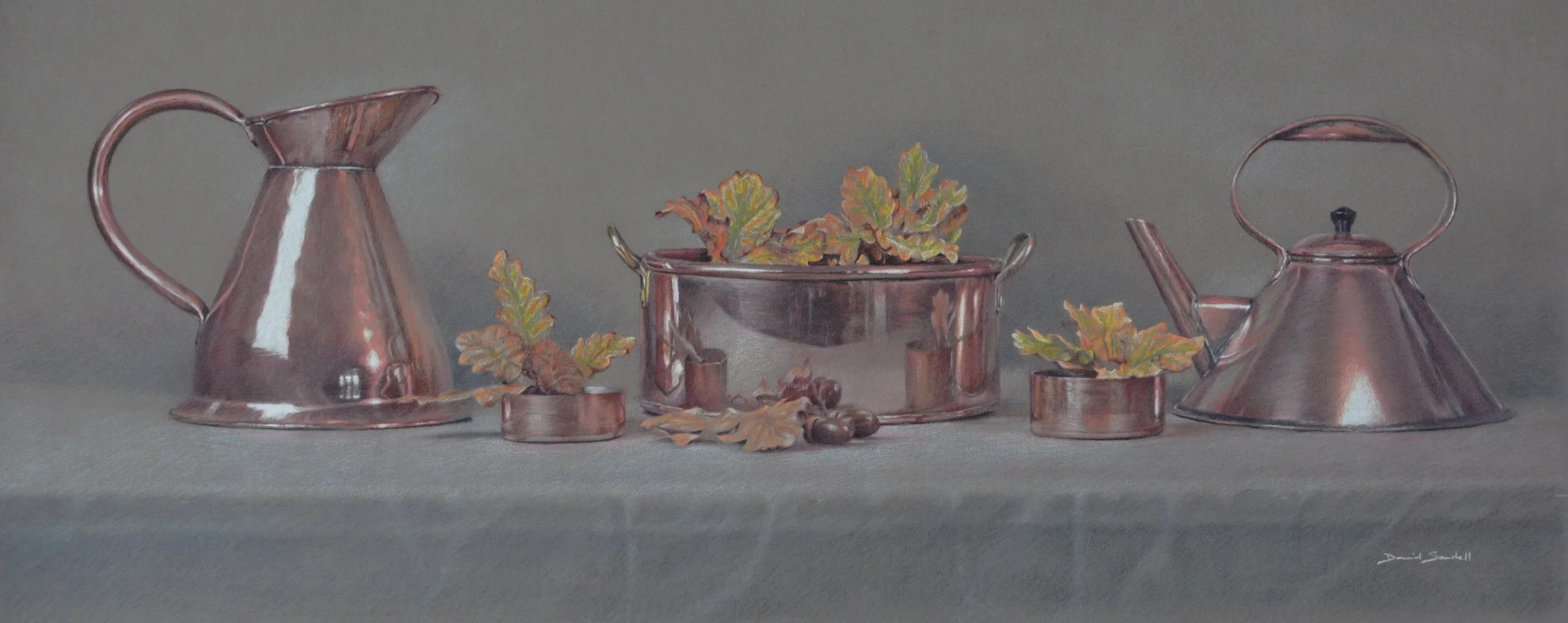 Still life - Study in Copper2, 

Oak leaves morph to Copper, 

colour pencil/pastel on Pastelmat, 66 x 28cm