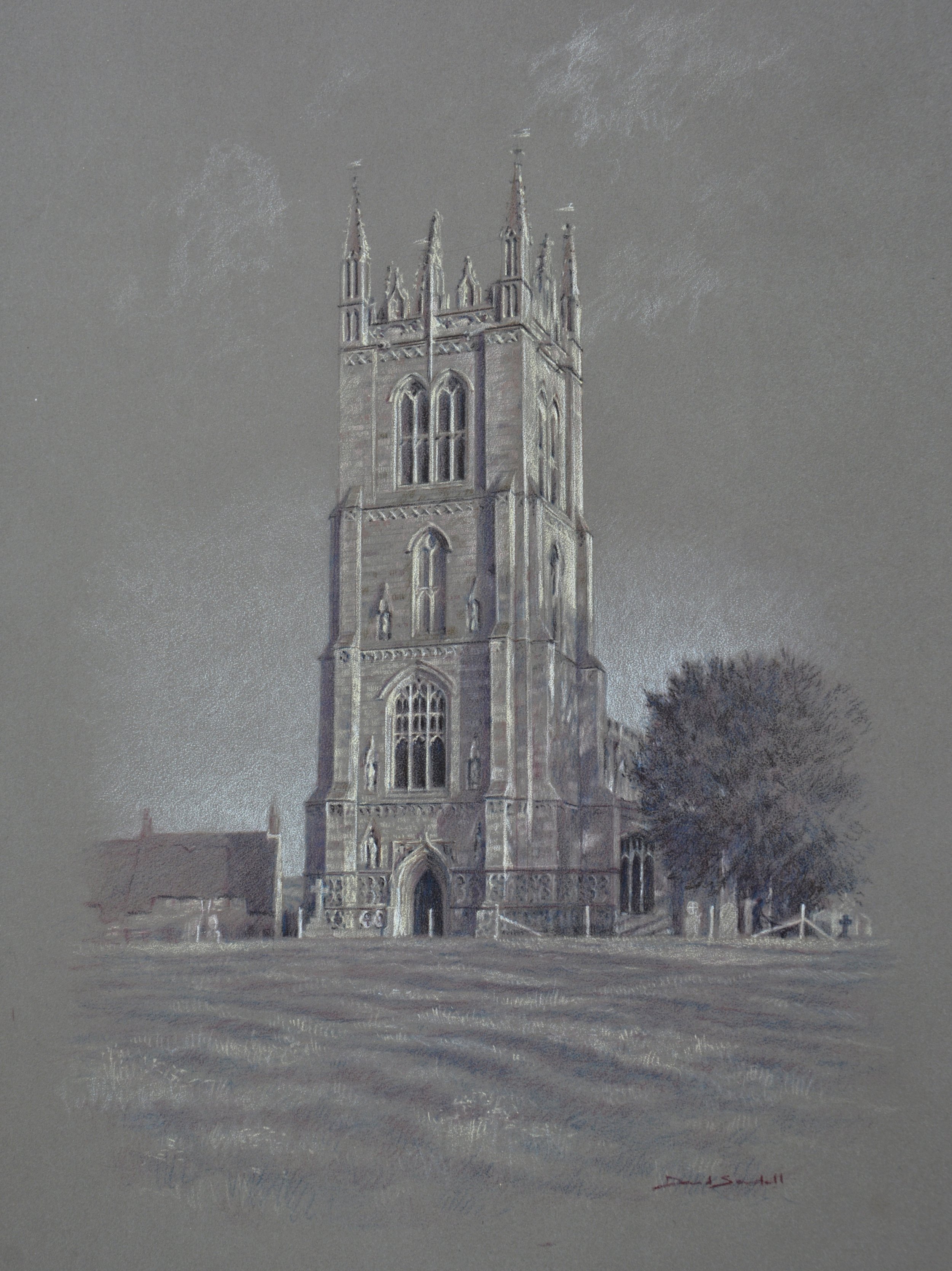 (SOLD) St Mary's, Titchmarsh from West - pencil on Pastelmat