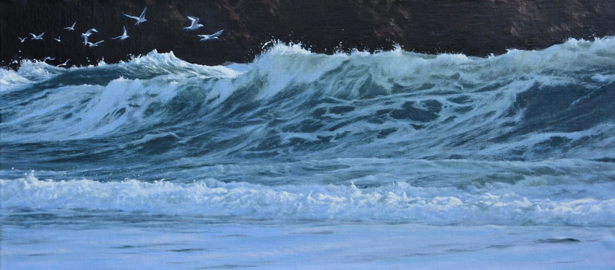 SOLD Beaten Shore, oil on linen 25 x 55cm