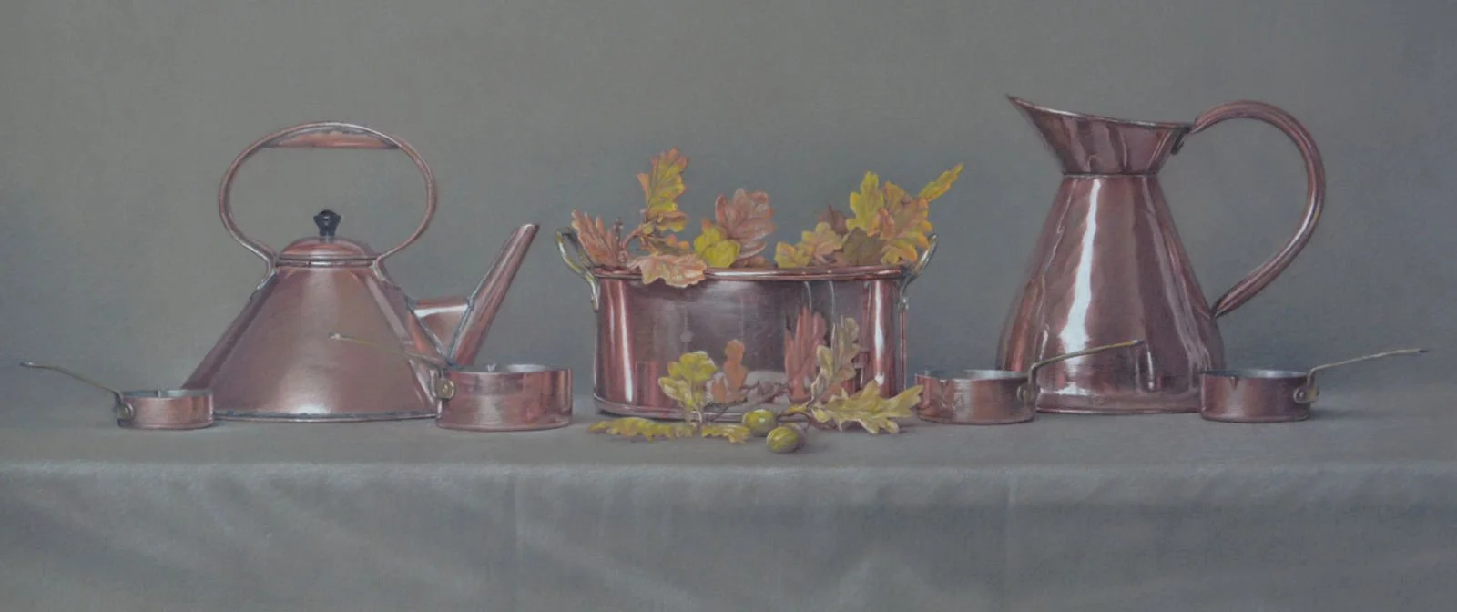 Still life - Study in Copper, 

Oak leaves morph to Copper, 

colour pencil/pastel on Pastelmat, 66 x 28cm