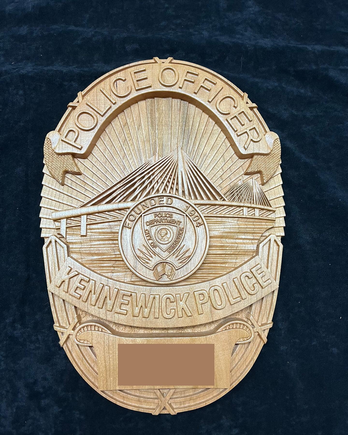 Kennewick Police badge carved in Cherry.  This will be a Christmas gift to the Officer from his Father.