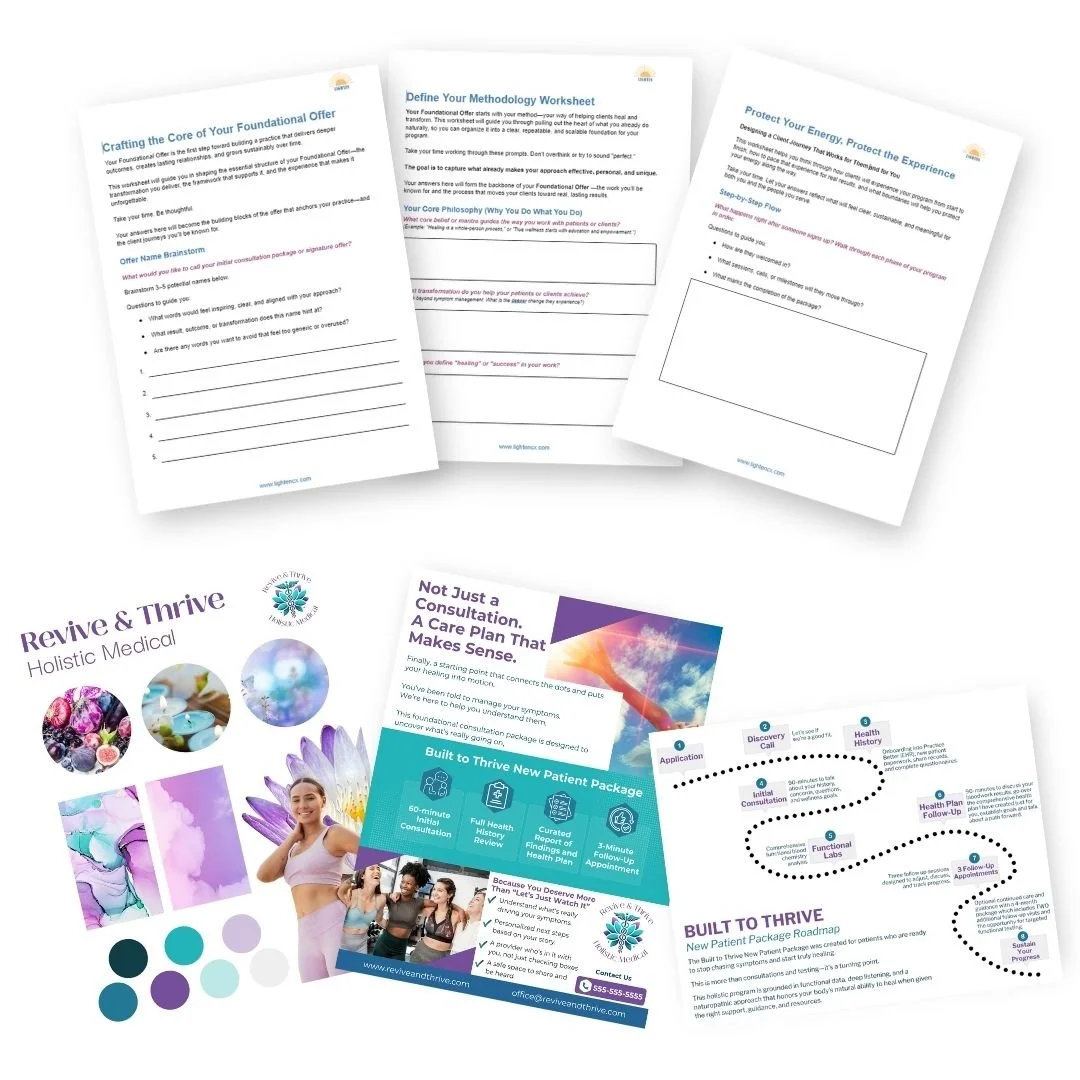 A collection of medical informational pamphlets and worksheets, including a booklet titled "Revive & Thrive Holistic Medical" with images of flowers and people exercising, and layered sheets with guides on treatment, methodology, energy protection, and patient care plans.