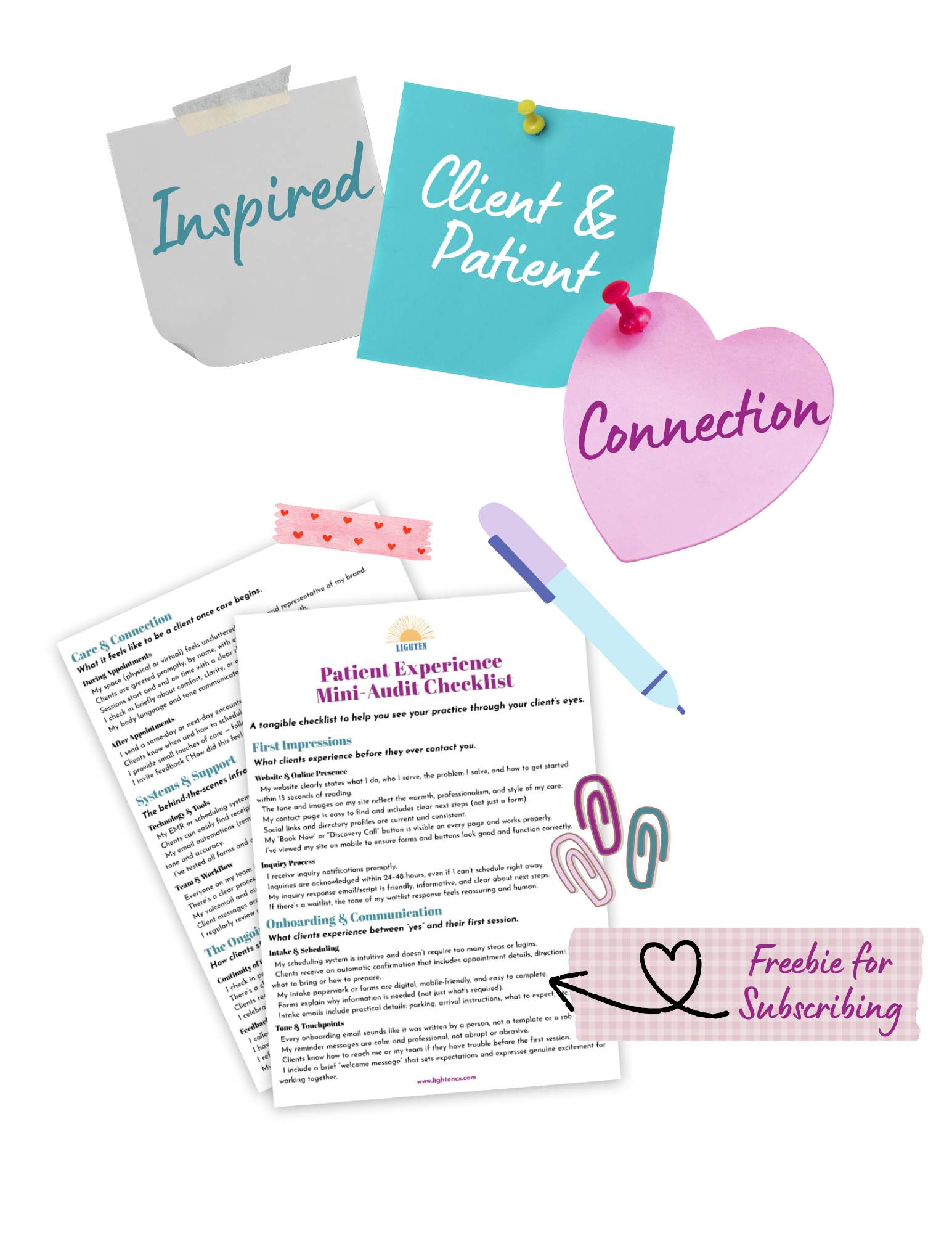 A collection of colorful sticky notes, one with the word "Inspired," another with "Client & Patient," and a pink heart-shaped note with the words "Connection" and "Freebie for Subscribing." There are also printed documents, paper clips, and a pen.