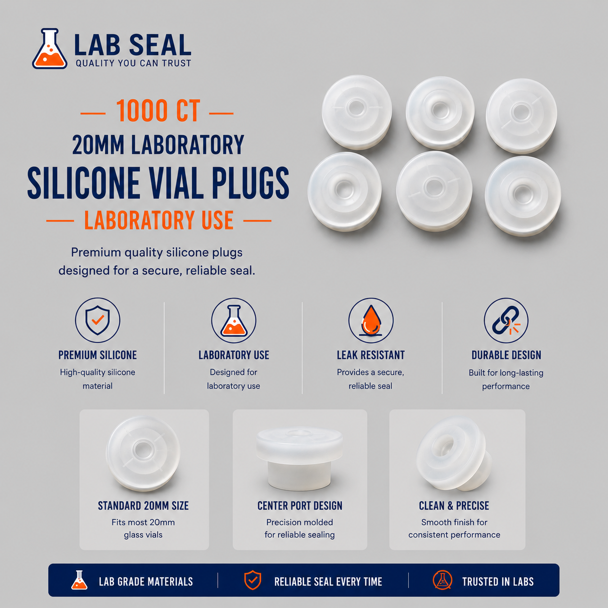 Silicone Vial Stopper, Clear, 20mm, Qty. 1000