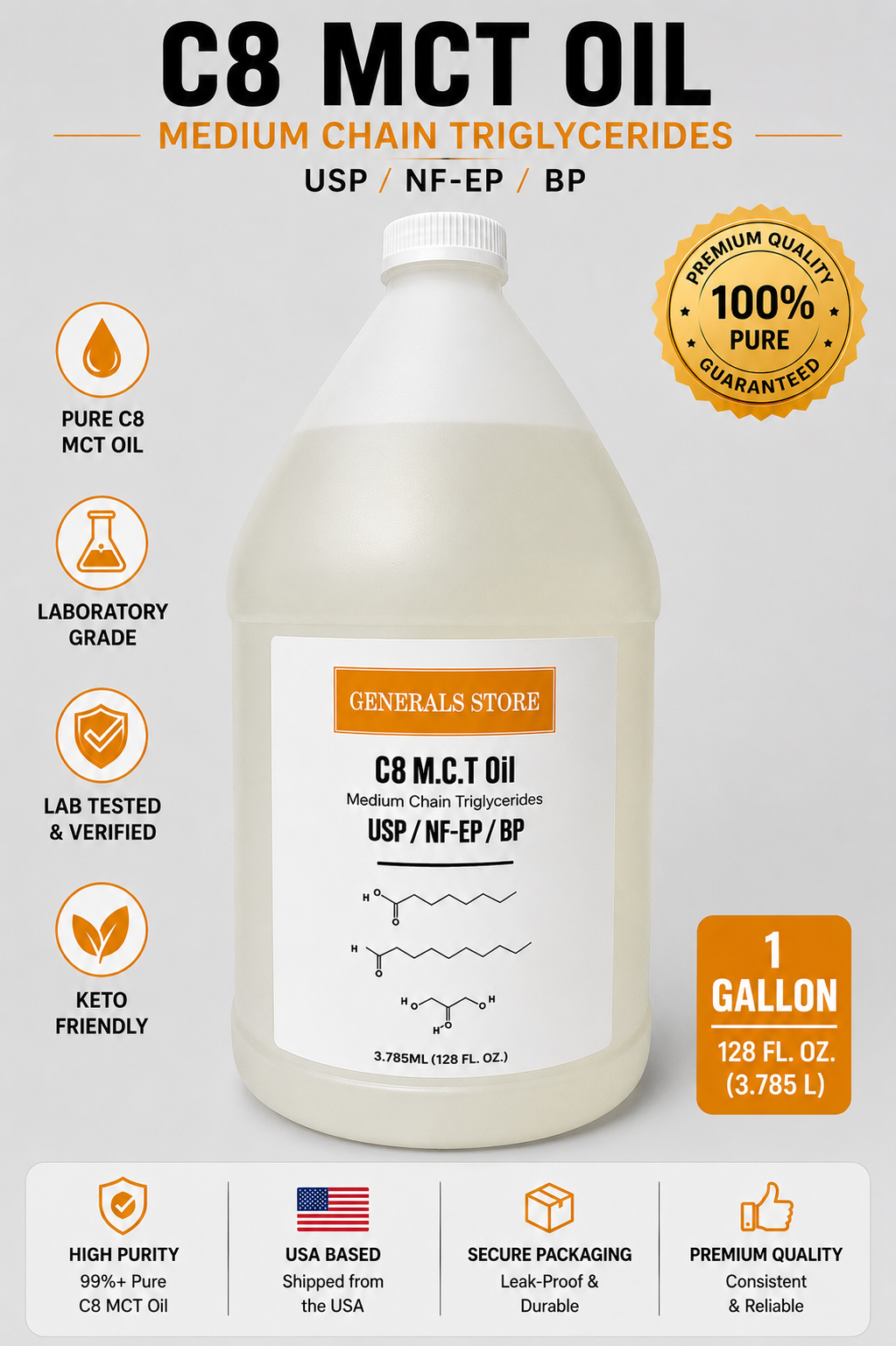 100% PURE C-8 MCT Oil Keto & Paleo Weight Loss - 128OZ