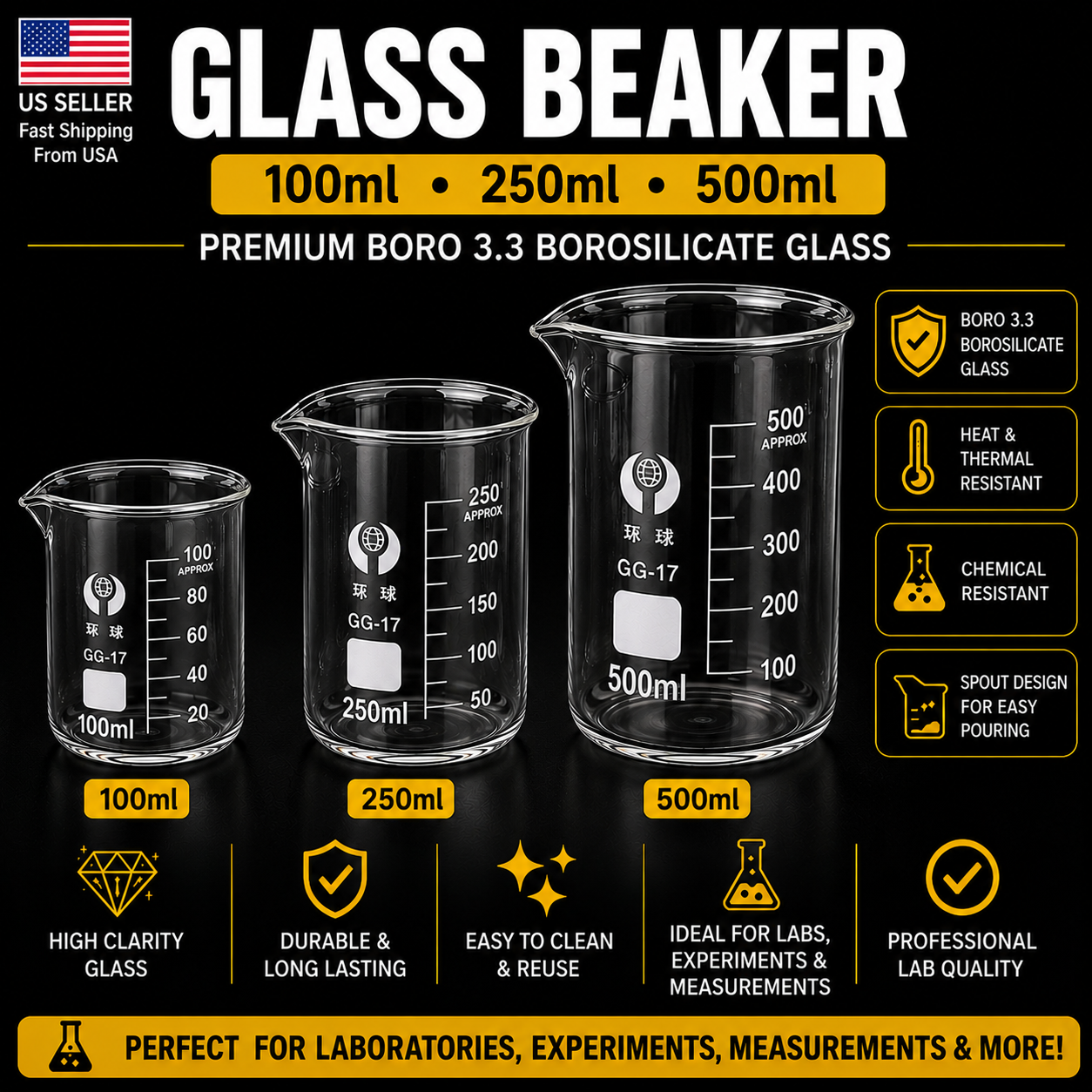 100ml - 500ml  Chemistry Laboratory Glass Beaker Borosilicate Measuring Beakers
