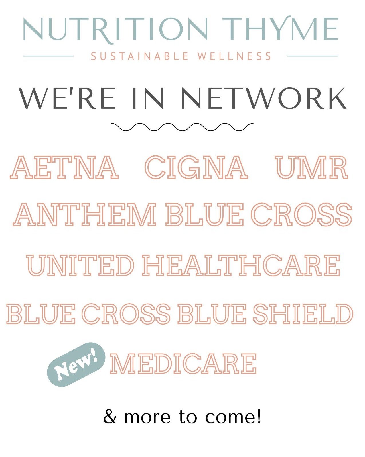 Did you know you probably have nutrition sessions included as a benefit in your insurance plan? 

We're in network with Aetna, Anthem Blue Cross, BCBS (most states), Cigna, UMR, UnitedHealthcare. 
~AND~
We most recently got into Medicare's network (w