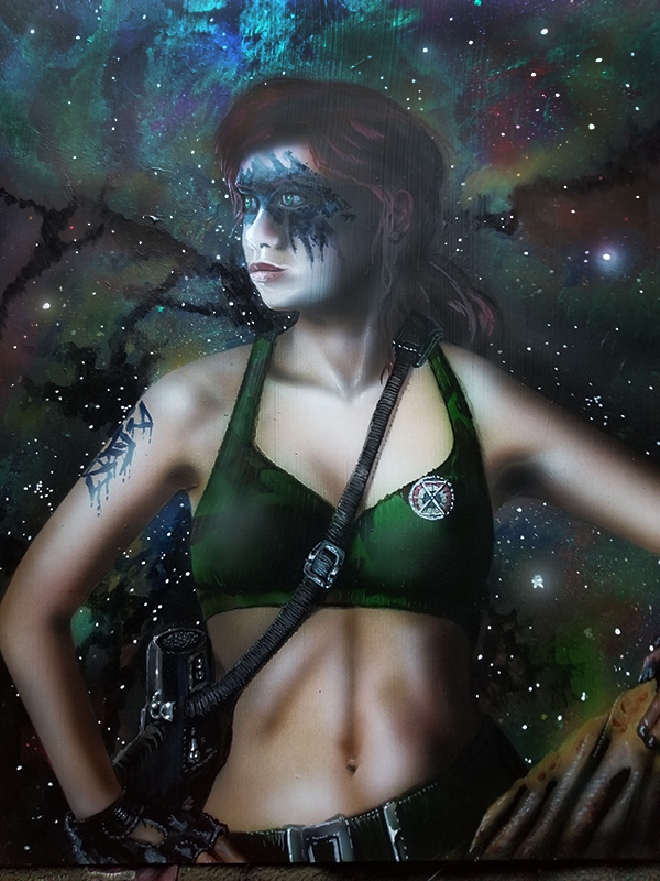 "THE CAPTAIN"
Acrylic on metal
This was a study for the much larger, "Saturn Rising" artwork. It features Captain Antui, albeit without her armor plate holder.
