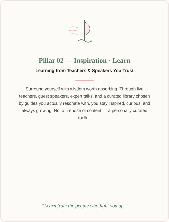 Text on a light background about Pillar 02: Inspiration and Learn, emphasizing learning from teachers and speakers you trust, with a quote at the bottom that says, "Learn from the people who light you up."