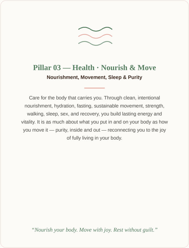 A clean, minimalistic page from a wellness or health guide titled 'Pillar 03 – Health, Nourish & Move,' with a focus on nourishment, movement, sleep, and purity. The page contains a paragraph about caring for the body through intentional practices like hydration, fasting, movement, and sleep to build energy and vitality. There is a quote at the bottom encouraging nourishing the body, moving with joy, and resting without guilt.