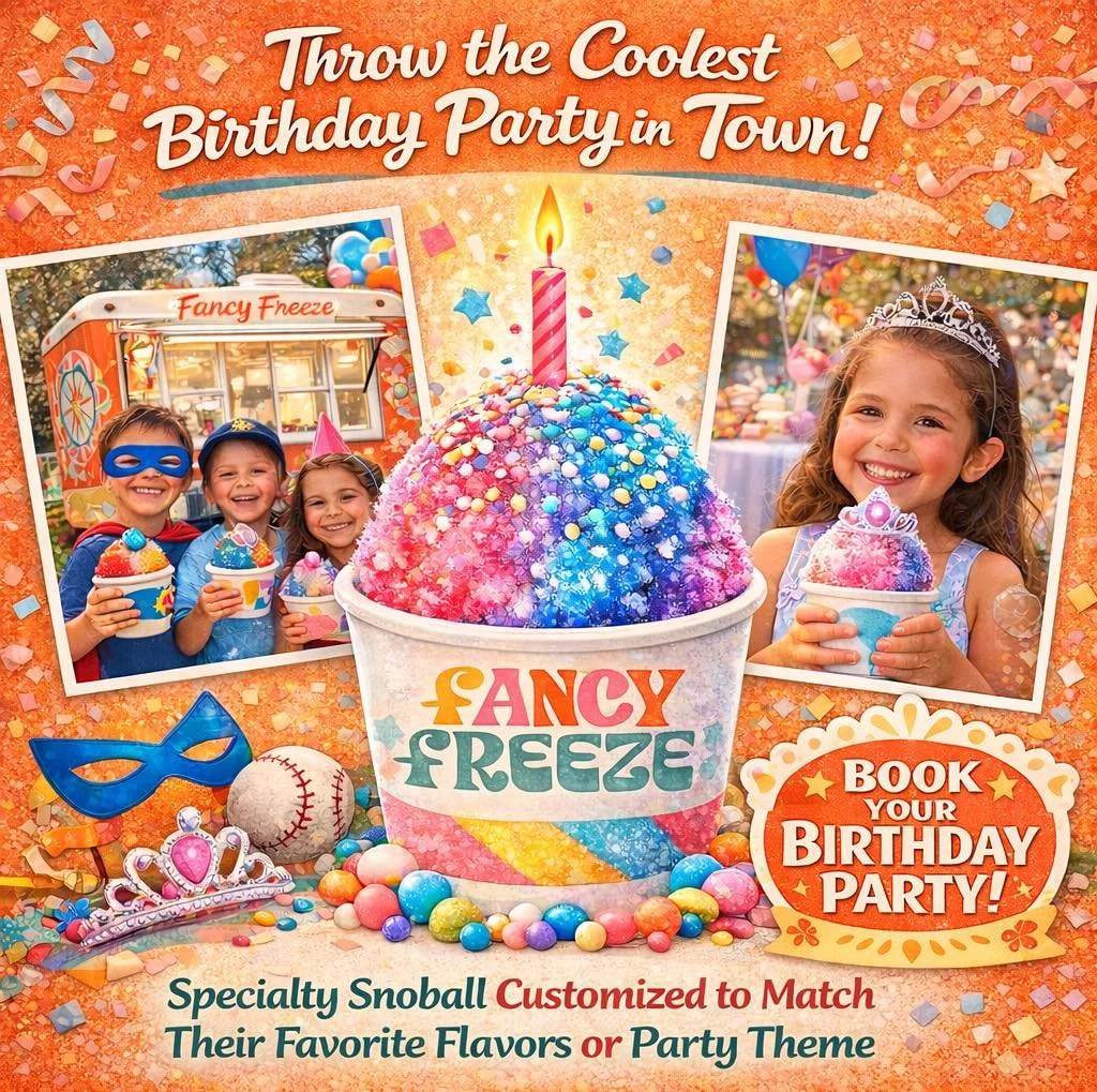 🎉 Throw the Coolest Birthday Party in Town! 🍧

Looking for a fun and unique way to celebrate your child&rsquo;s big day? Let Fancy Freeze bring the party to you! 🍧

Our birthday parties feature a specialty snoball customized to match their favorit