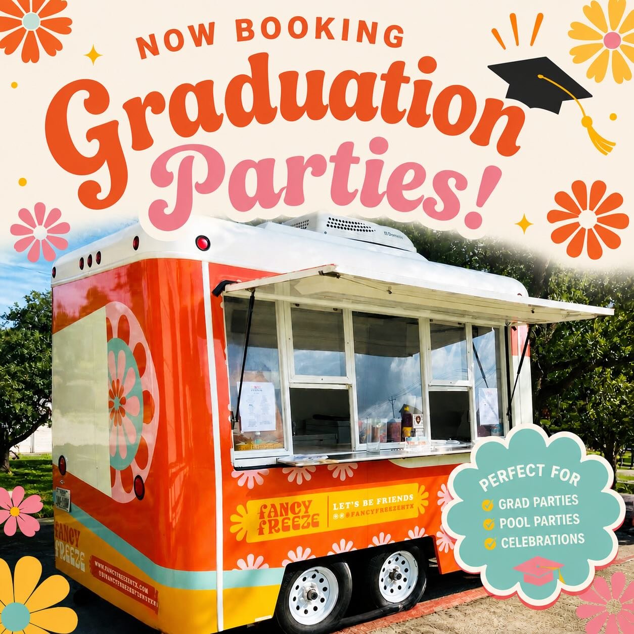 Now booking Graduation Parties! 🎓

Make their graduation party easy, fun, and unforgettable with Fancy Freeze HTX! We bring our charming trailer, friendly service, and refreshing snoballs right to you.

Perfect for graduation parties, pool parties, 