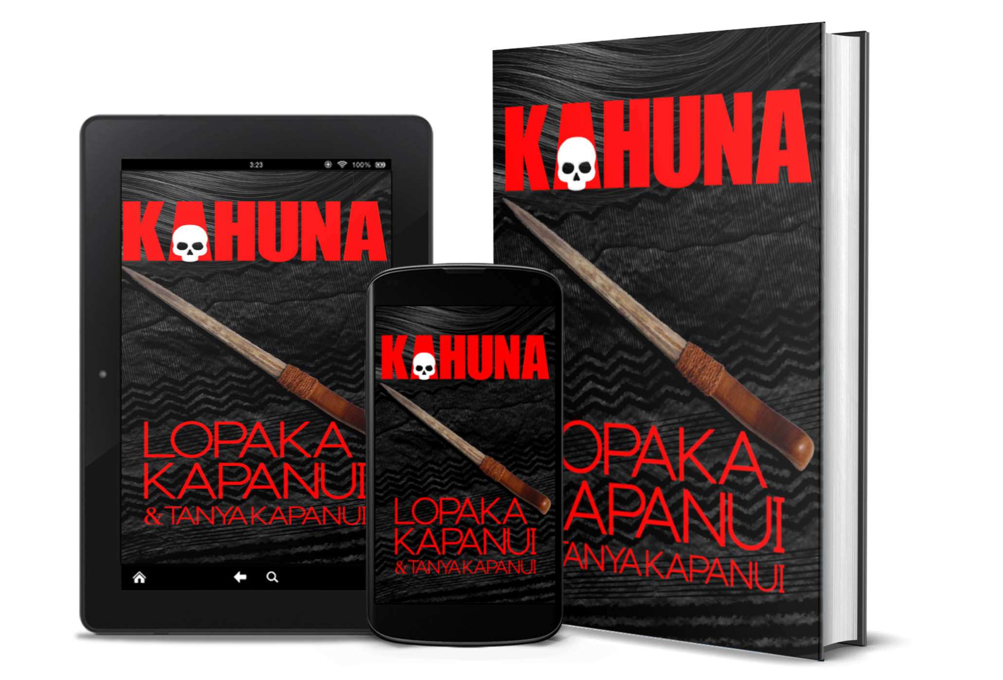 The Hawaiian novel Kahuna displayed on Kindle, smart phone, and in hard cover