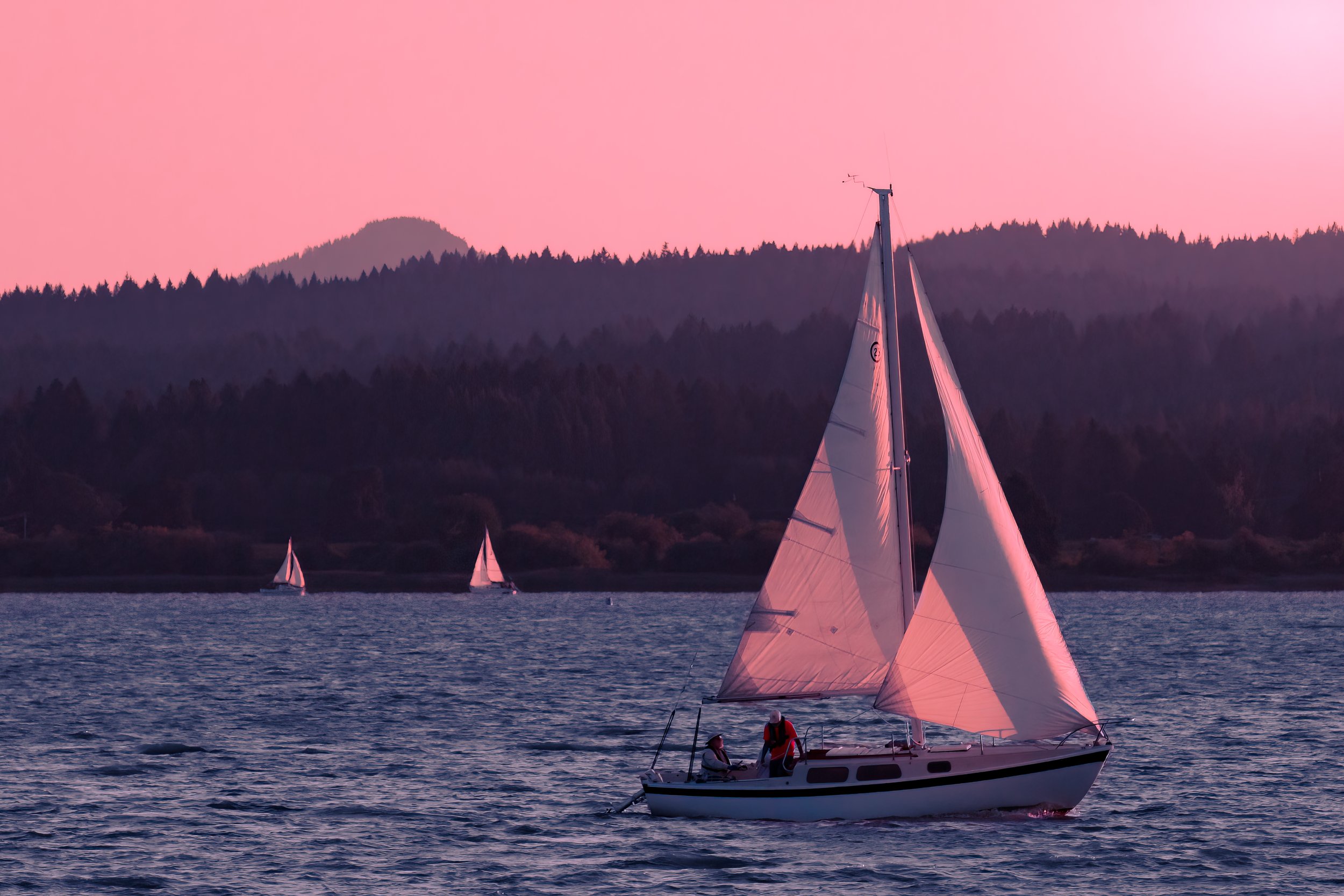 A sailboat on calm water during sunset with three other sailboats in the background and a mountainous landscape with trees under a pink sky.