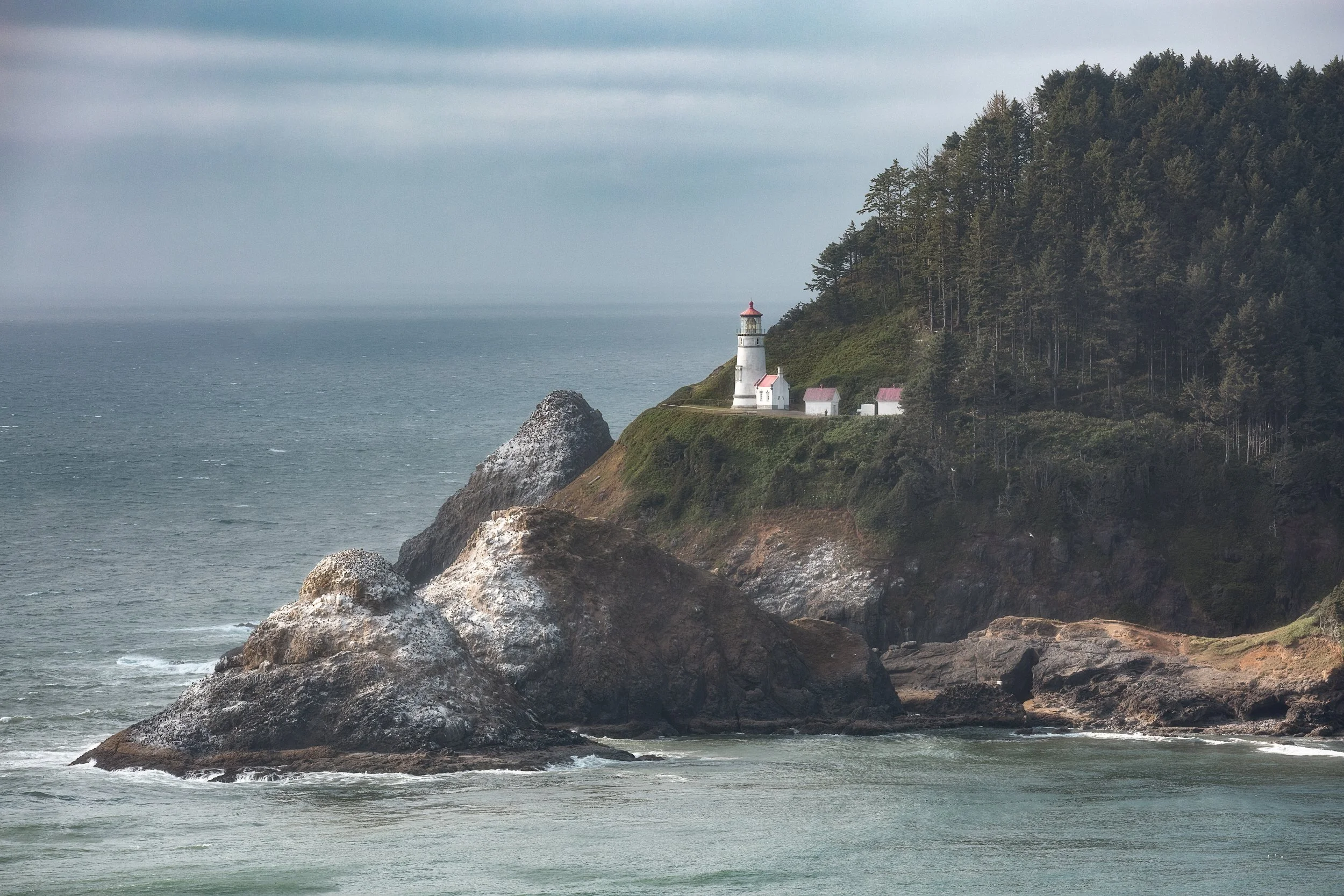 A lighthouse on a grassy cliff overlooking the ocean, with a few small white and pink buildings nearby, surrounded by rocky outcroppings and dense forest.