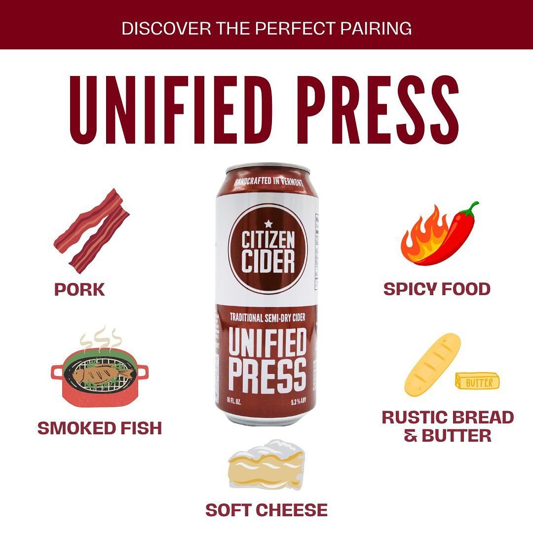 🍎 Sip and Savor! Unified Press pairs with just about everything. Whether it&rsquo;s pork, soft cheese, spicy food, or smoked fish, this classic cider is the perfect match for any dish. 😋 #CitizenCider #UnifiedPress #Foodie
