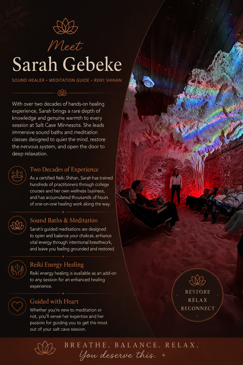 A promotional poster for Sarah Gebeke, a sound healer offering meditation, Reiki, and sound bath sessions at Salt Cave Minnesota. The poster includes a room with a colorful, illuminated, cave-like ceiling and seating area, and text detailing her experience, services, and philosophy, with a lotus flower logo and motivational phrases.