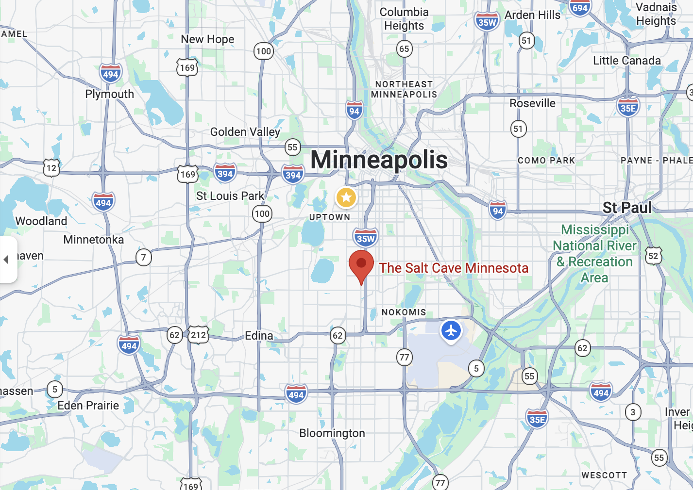 Map of Minneapolis, Minnesota showing the location of The Salt Cave Minnesota, marked with a red pin. Features highways, lakes, and nearby cities.