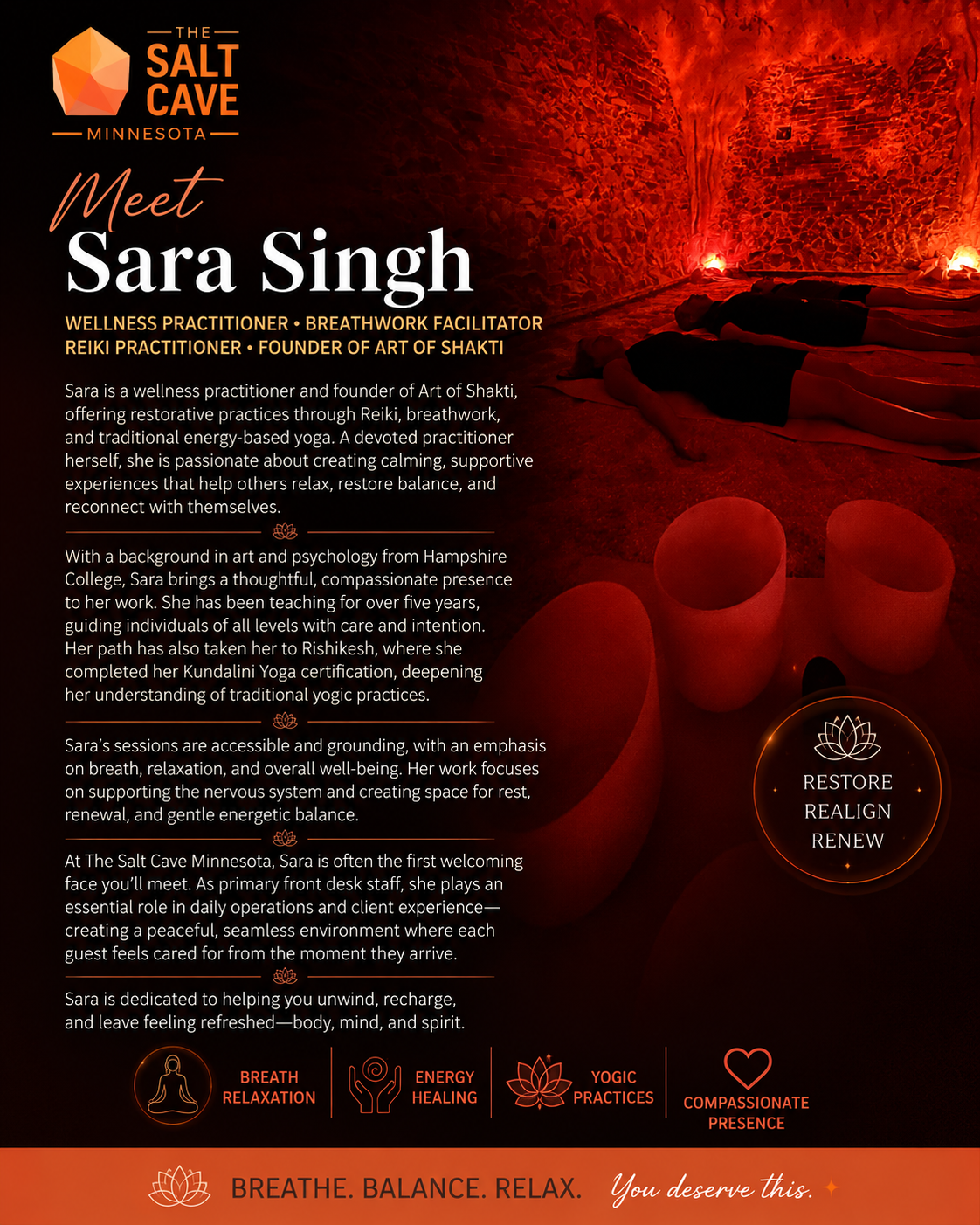 Informational poster about Sara Singh, a wellness practitioner at The Salt Cave in Minnesota, with a background image of people lying on mats in a salt cave with orange lighting, and icons with text about breath relaxation, energy healing, yogic practices, and compassionate presence.