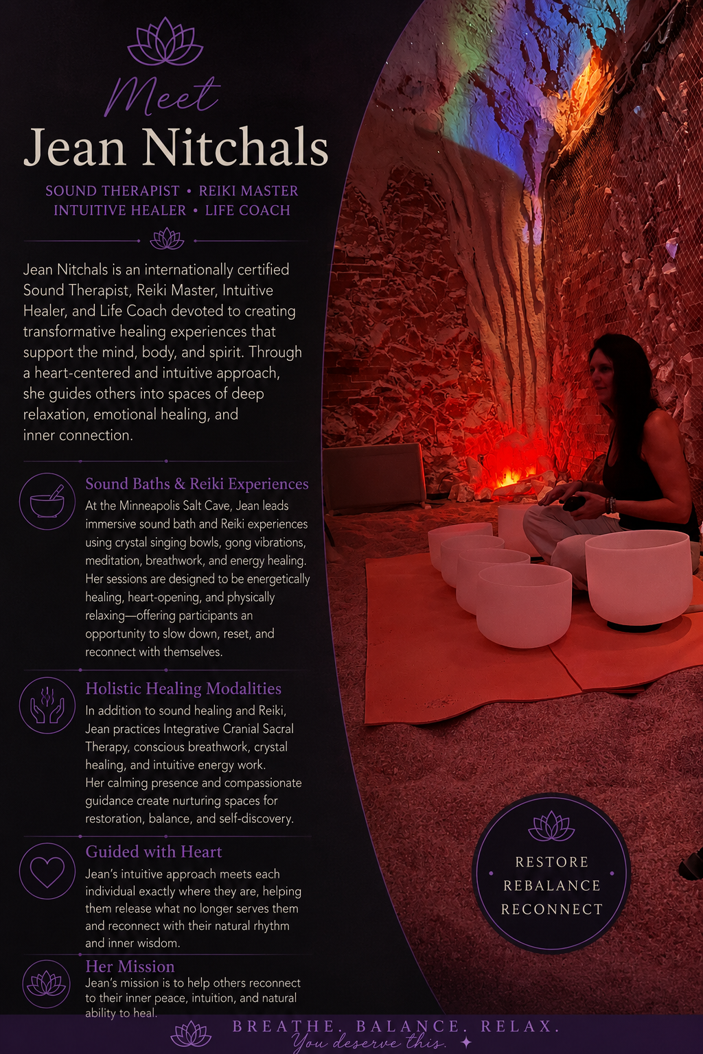 An informational poster featuring Jean Nitchals, a sound therapist, Reiki master, intuitive healer, and life coach. The poster describes her services, including sound baths, Reiki experiences, holistic healing modalities, guided heart sessions, and her mission to help others reconnect to inner peace and natural healing. The right side shows a woman sitting cross-legged in a cave-like space with crystal singing bowls in front of her, colorful lighting, and a textured, illuminated background.