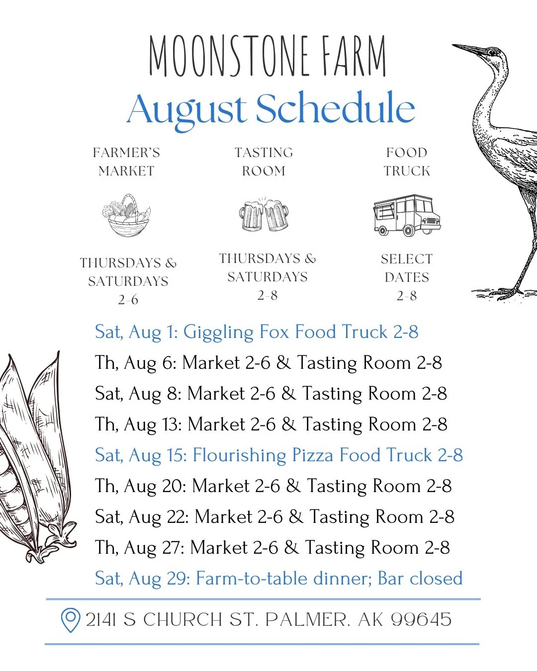 August at Moonstone Farm is gonna be delicious! We have the market open 2-6 and Railcar tasting room open 2-8 every Thursday and Saturday, plus Giggling Fox food truck on Saturday, August 1 and Flourishing Pizza food truck here Saturday, August 15. 
