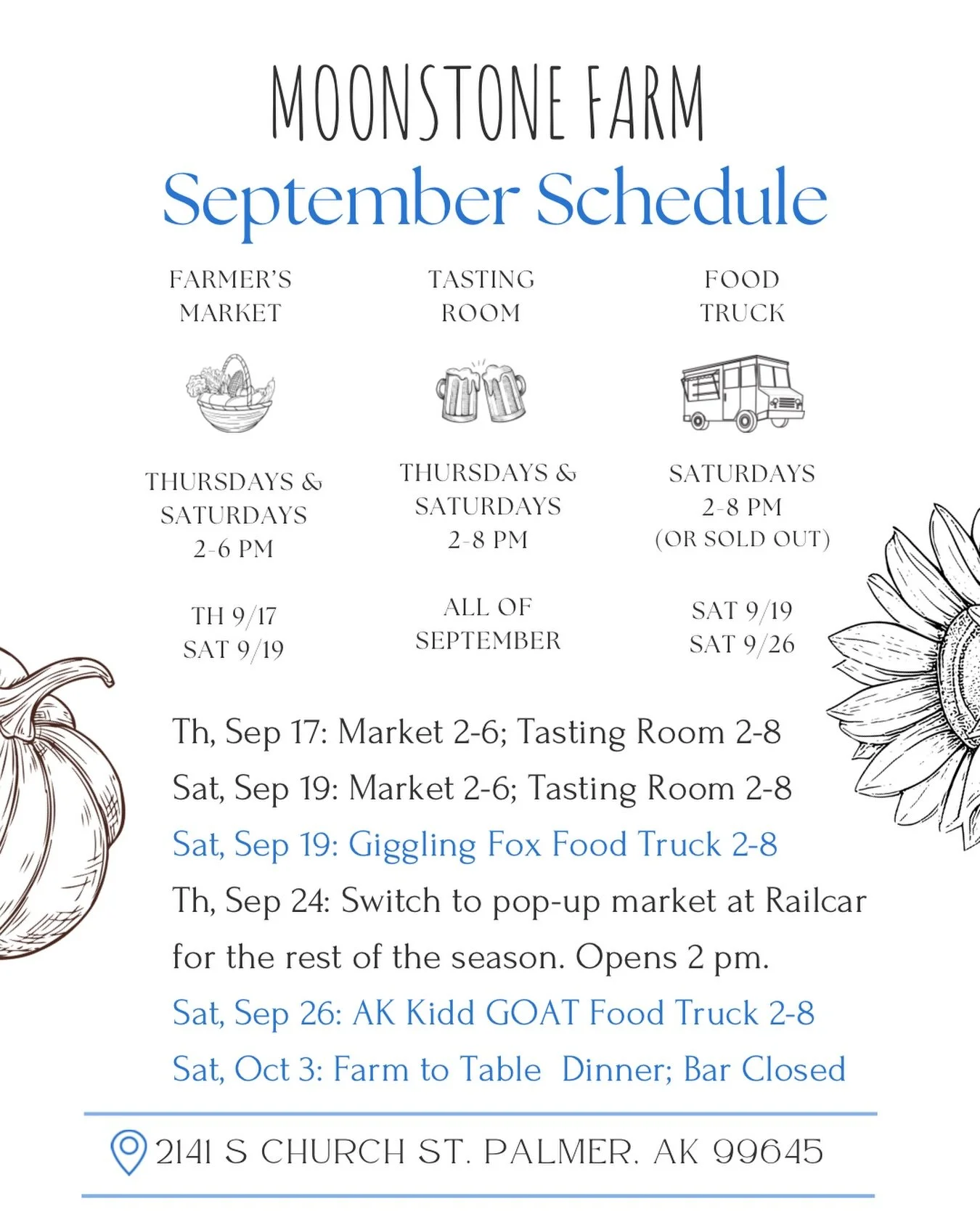 A little update on our schedule for the next few weeks. We&rsquo;ll have a normal market this Thursday and Saturday from 2-6, in addition to The Railcar Tasting Room open from 2-8. 

We&rsquo;ve also got Giggling Fox food truck, with its delicious gl