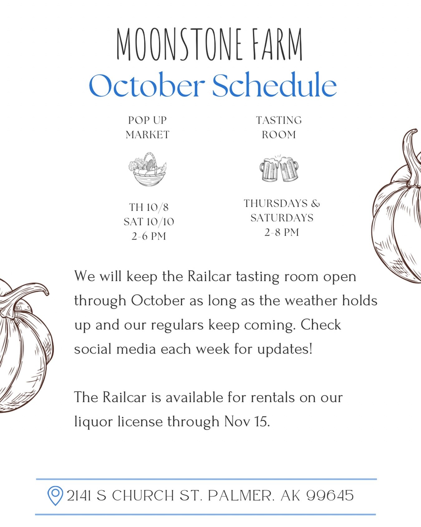 This October weather is looking nice so far! We will have another pop up market at the Railcar tomorrow (Saturday, October 10) from 2-6 with pumpkins, spaghetti squash hybrids, beets, parsnips, carrots, celery, dried cayenne and herbs, fire cider, an
