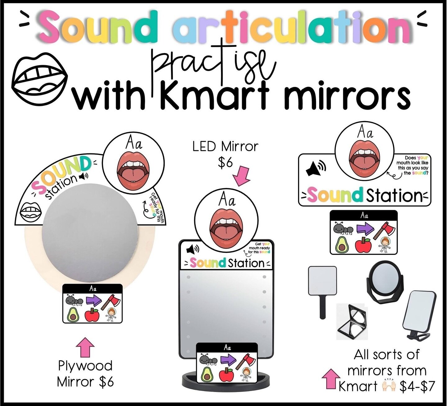 Sound articulation using a range of Kmart mirrors! This resource has now been added to my TPT (Me My Class and I on TPT). Great to set up in a classroom to support learners with correct lips, teeth and tongue placement as they learn about letters and