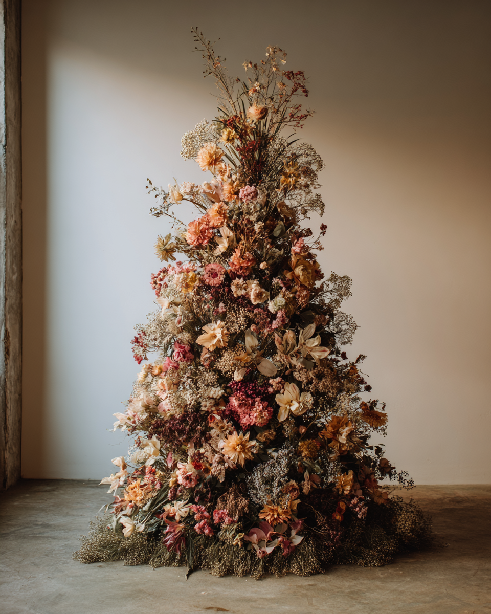A tall Christmas tree-shaped floral arrangement with various dried and fresh flowers in shades of pink, peach, cream, and brown.