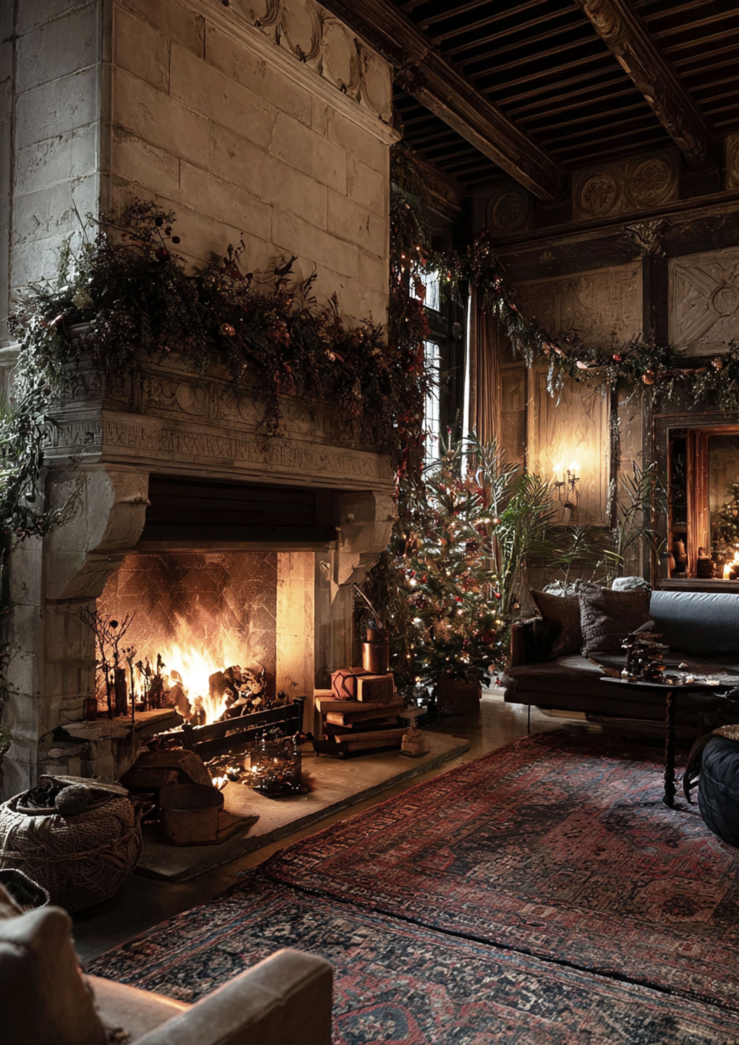A cozy, decorated living room with a lit fireplace, a Christmas tree with lights and ornaments, wooden paneling, and vintage rugs.