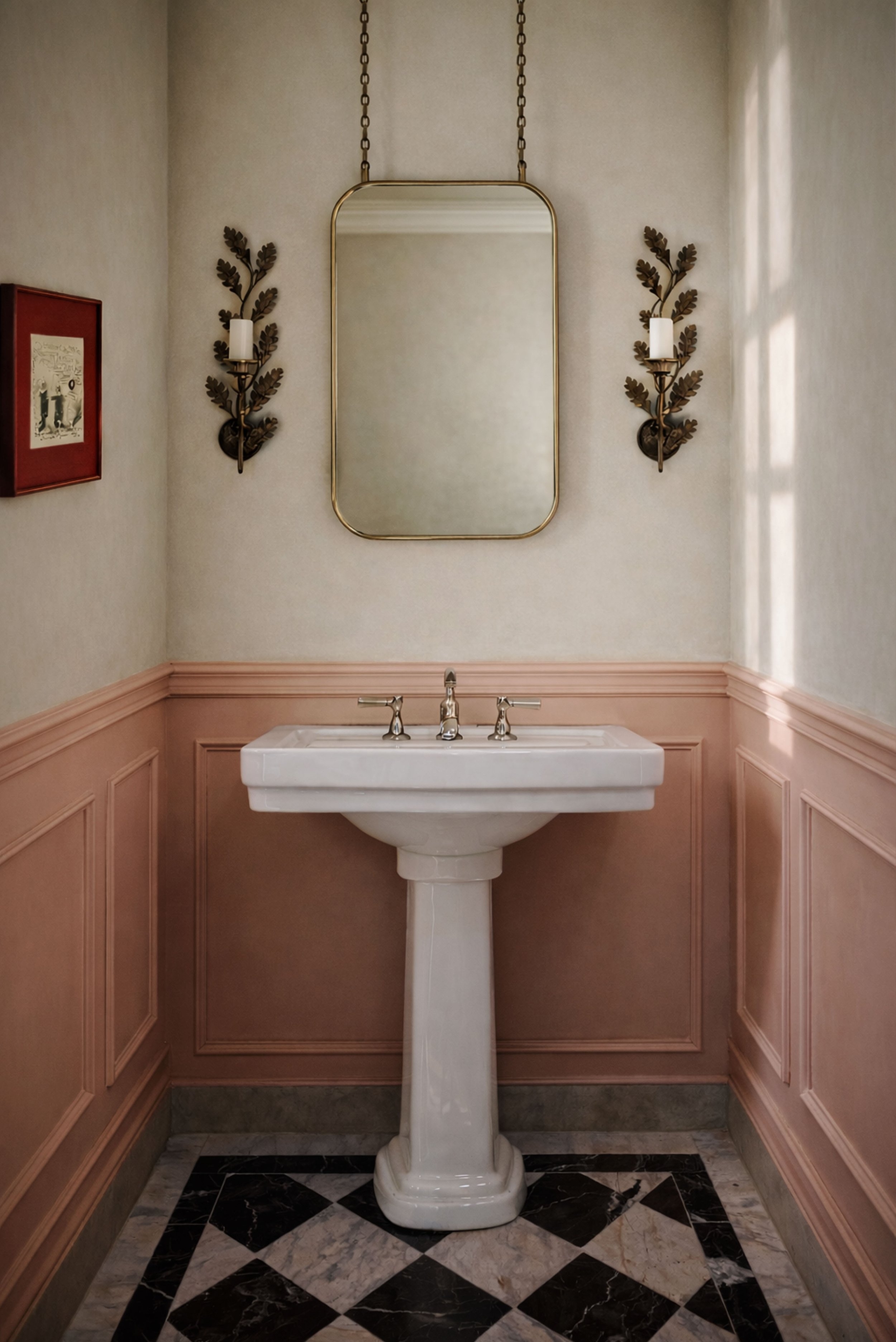 Elegant vintage bathroom with light pink boiserie paneling, a white pedestal sink, brass chain-hung mirror, and black-and-white marble checkerboard floor, softly lit by natural daylight