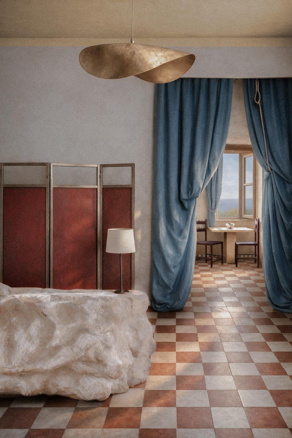 Mediterranean interior design with light pink and white checkered floor, sculptural stone reception desk, brass pendant light