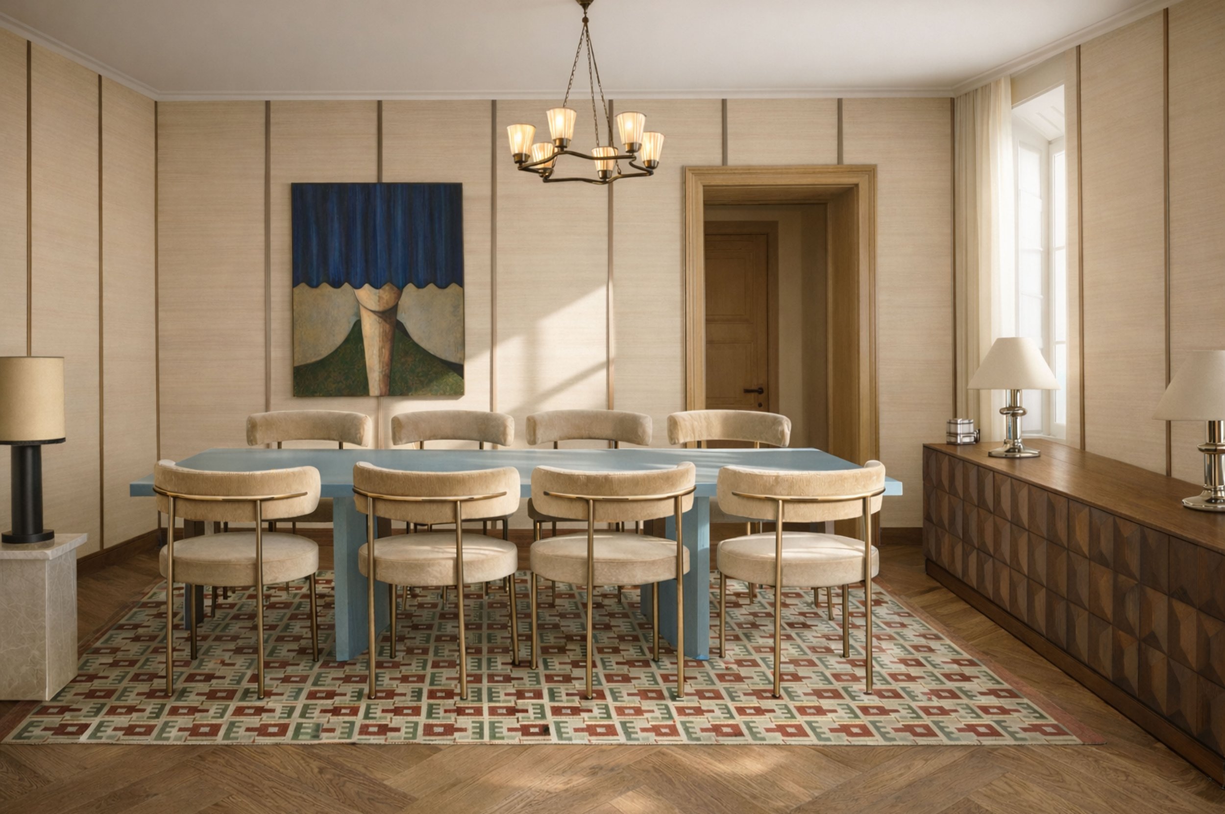 Modern elegant dining room with a light blue table, beige velvet mid-century chairs, geometric rug, herringbone wood floors, and soft natural light from tall windows, accented by a brass chandelier and abstract wall art