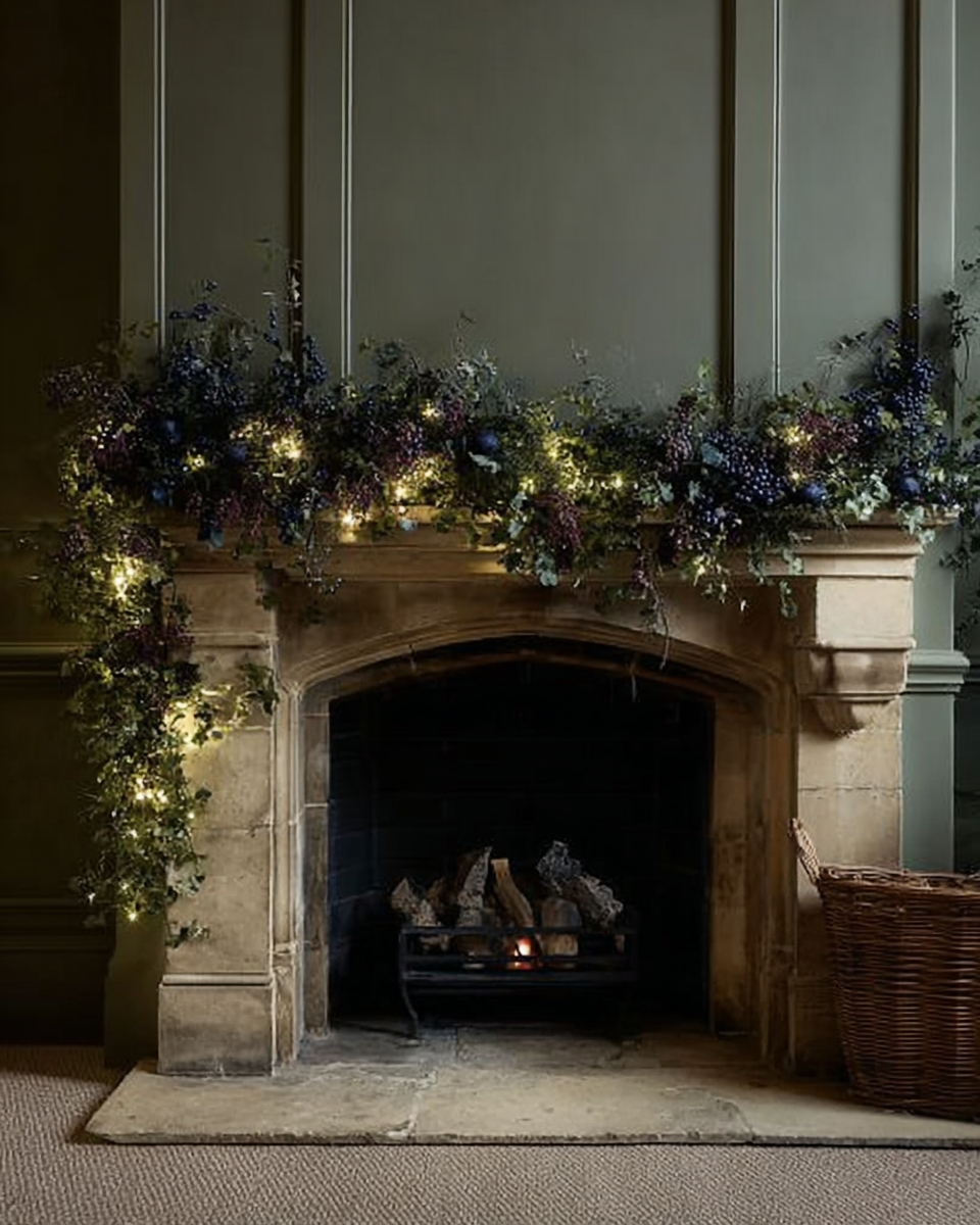 Decorated fireplace with greenery, purple and white flowers, and string lights.