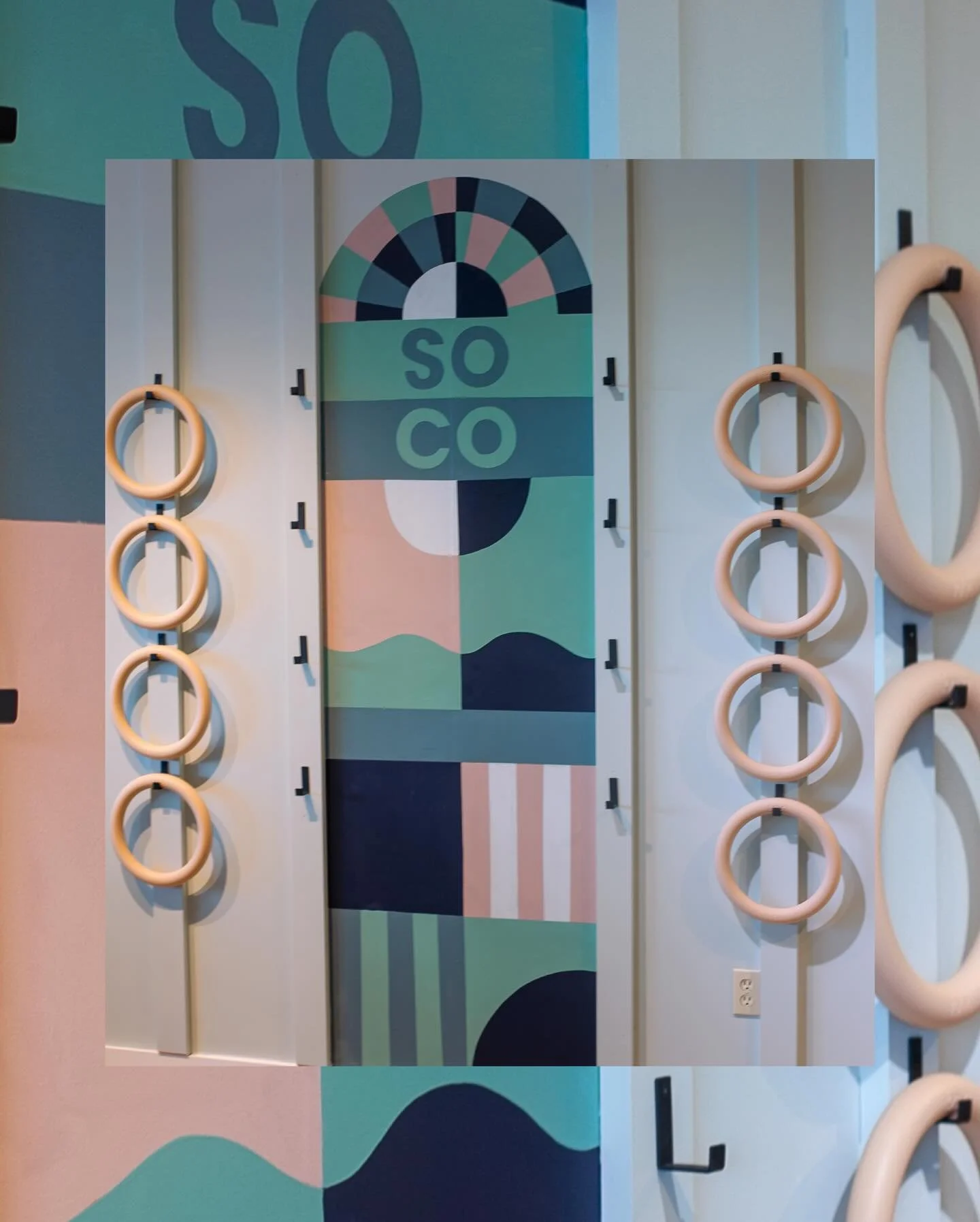 First mural of the year at @sococycleri !
So Co Cycle is a fitness studio that offers group cycling, lagree, and now strength training classes. For this piece, we wanted to develop a design that felt at home in So Co&rsquo;s refreshed space by pullin