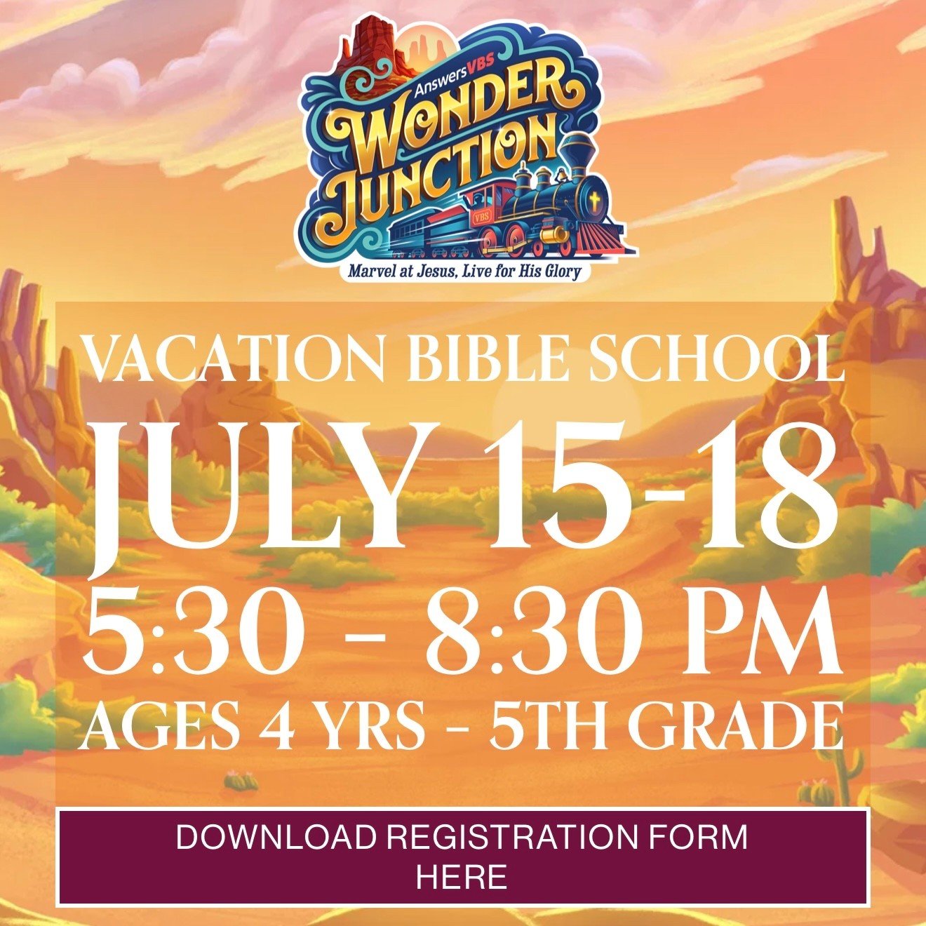Kids Life invites all boys and girls ages 4 through 5th grade to join us for an unforgettable week at Vacation Bible School, happening July 15&ndash;18 from 5:30&ndash;8:30 PM!

Pick up a registration form this Sunday at church OR register online any