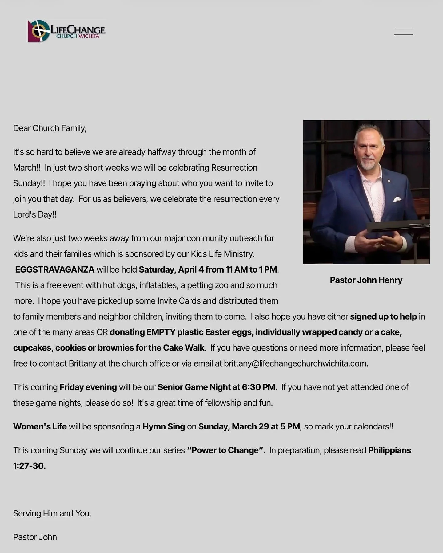 The Weekly Enews is available online! 
Visit https://www.lifechangechurchwichita.com/news

Stay up to date with ministry news and events at LifeChange Church Wichita. 

#lifechangechurchwichita