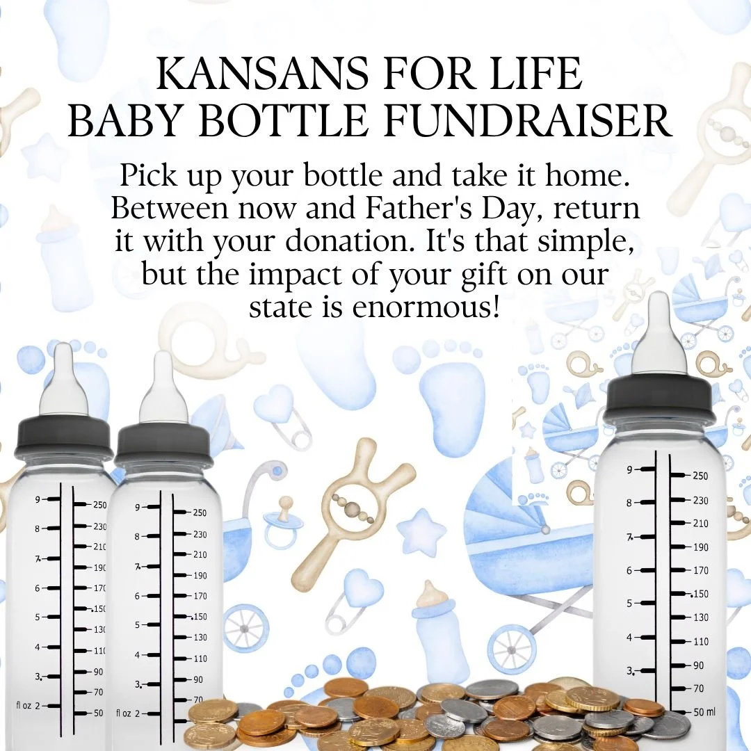 This Sunday we&rsquo;re kicking off our annual Kansans for Life Baby Bottle Fundraiser! 

Be sure to pick up a baby bottle, take it home, and return it by Father&rsquo;s Day filled with your donation.

Every bottle helps support life, families, and h